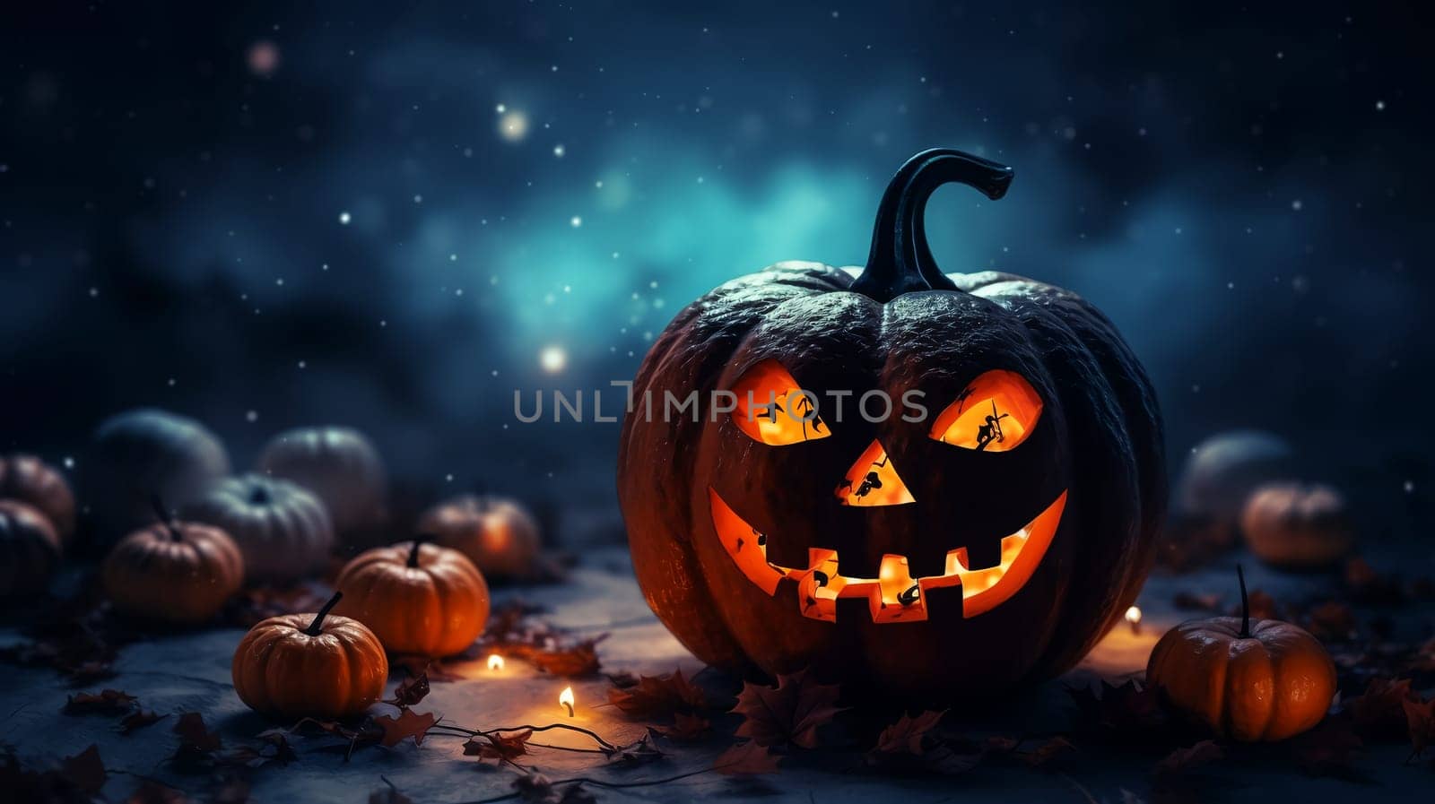 Gloomy Halloween background with spooky pumpkins, spooky Halloween haunted mansion. by AndreyKENO