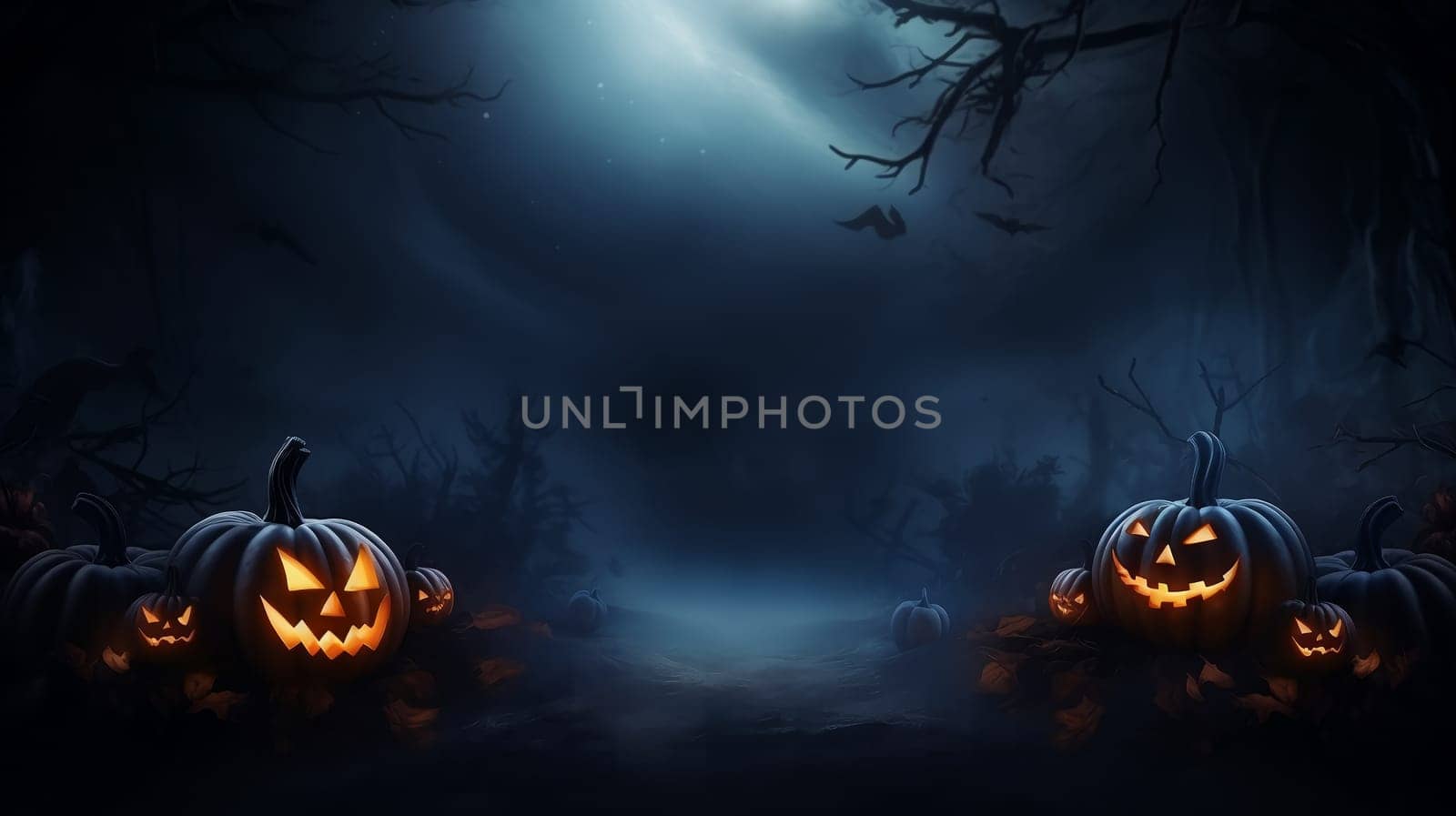 Gloomy Halloween background with spooky pumpkins, spooky Halloween haunted mansion. Evil house at night with full moon and bats.