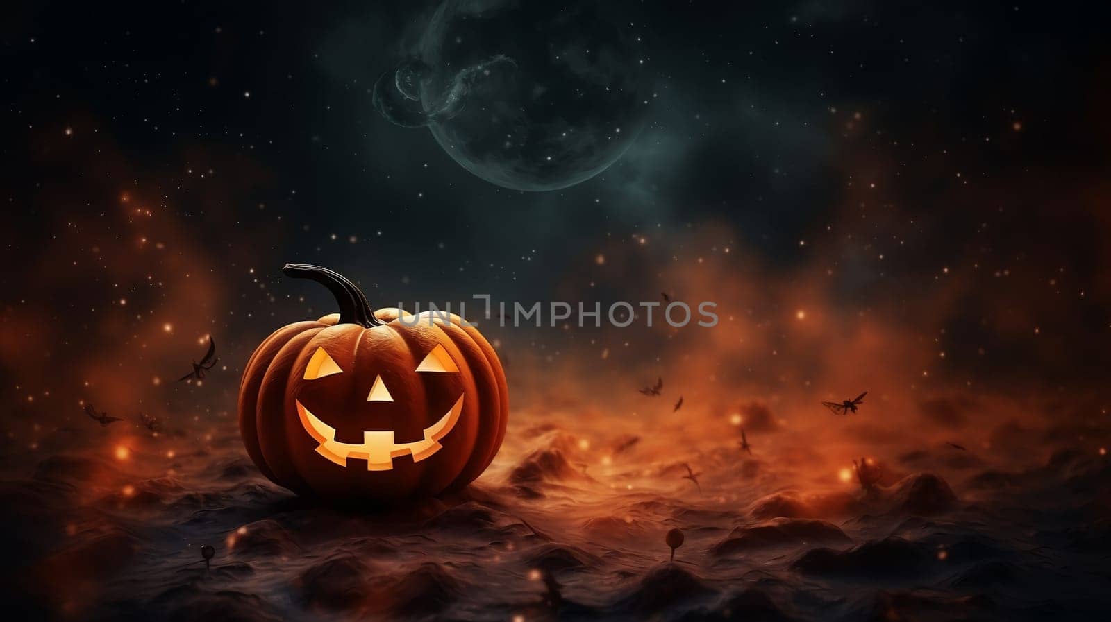 Gloomy Halloween background with spooky pumpkins, spooky Halloween haunted mansion. Evil house at night with full moon and bats.