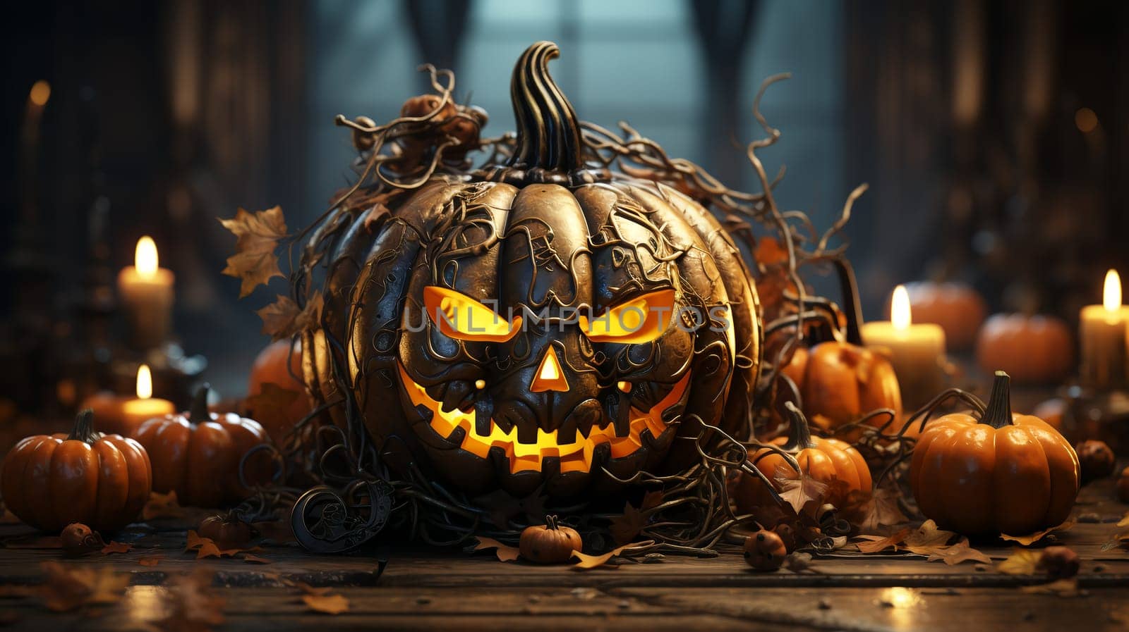 Gloomy Halloween background with spooky pumpkins, spooky Halloween haunted mansion. by AndreyKENO