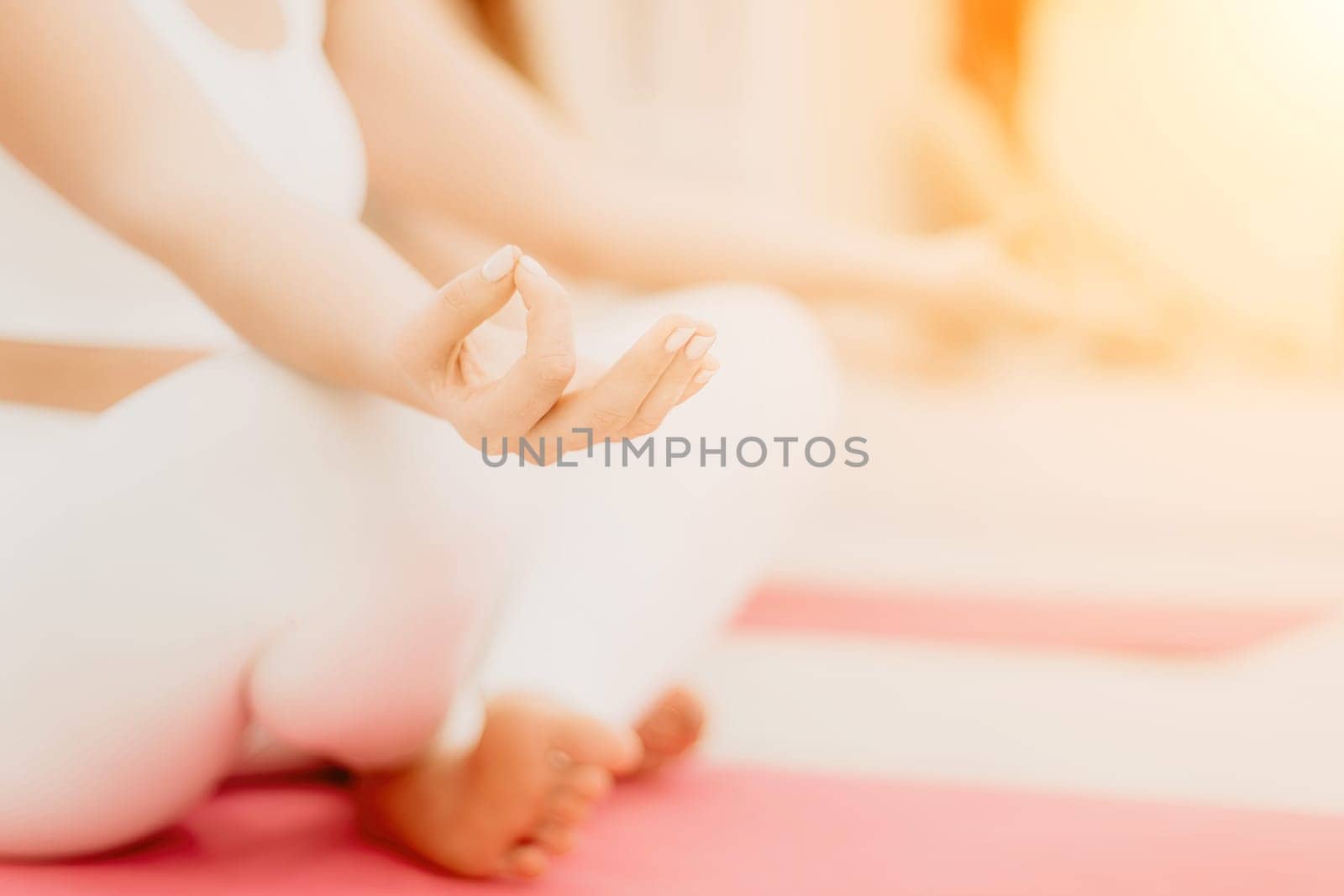 Two young sporty woman, fitness instructor in sportswear doing stretching and pilates on yoga mat in the studio with mirror. Female fitness yoga routine concept. Healthy lifestyle and harmony. by panophotograph