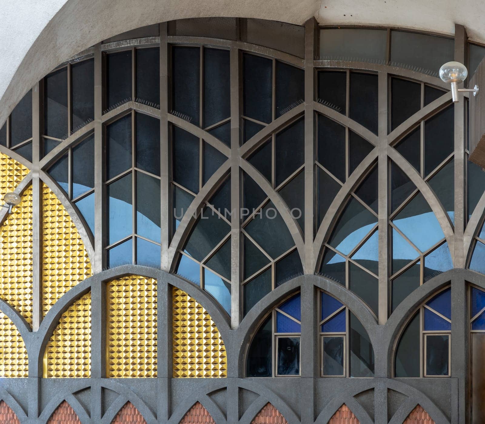 Bangkok,Thailand - May 28, 2023 - View of Antique stained glass window panel are decorated of The Foundation of the Central Mosque and Islamic Center of Thailand. Vintage pattern stained-glass background, Selective focus.
