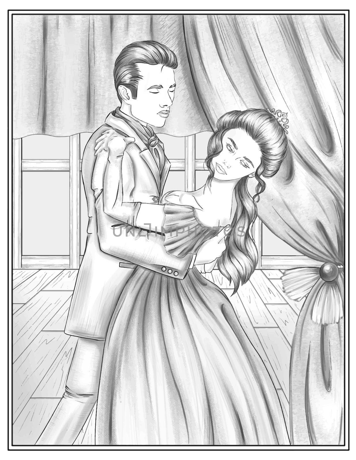 Man In Suit Holding Woman In Dress Dancing Together Colorless Line Drawing. Gentleman And Lady Dances On The Stage With Curtain Coloring Book Page. by nialowwa