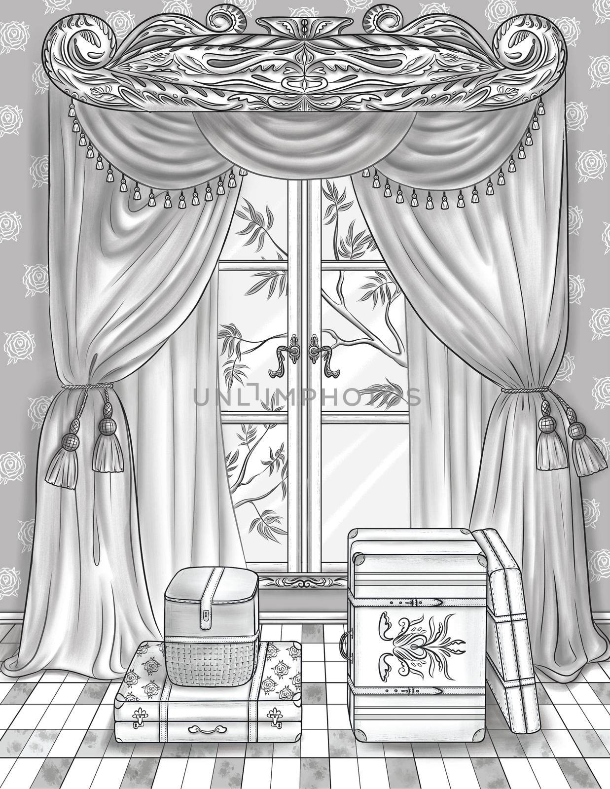 Large Glass Window With Beautiful Curtains Multiple Luggage Bags Colorless Line Drawing. Big Glass Framework With Pane And Drapes Surrounded By Suit Cases Coloring Book Page. by nialowwa