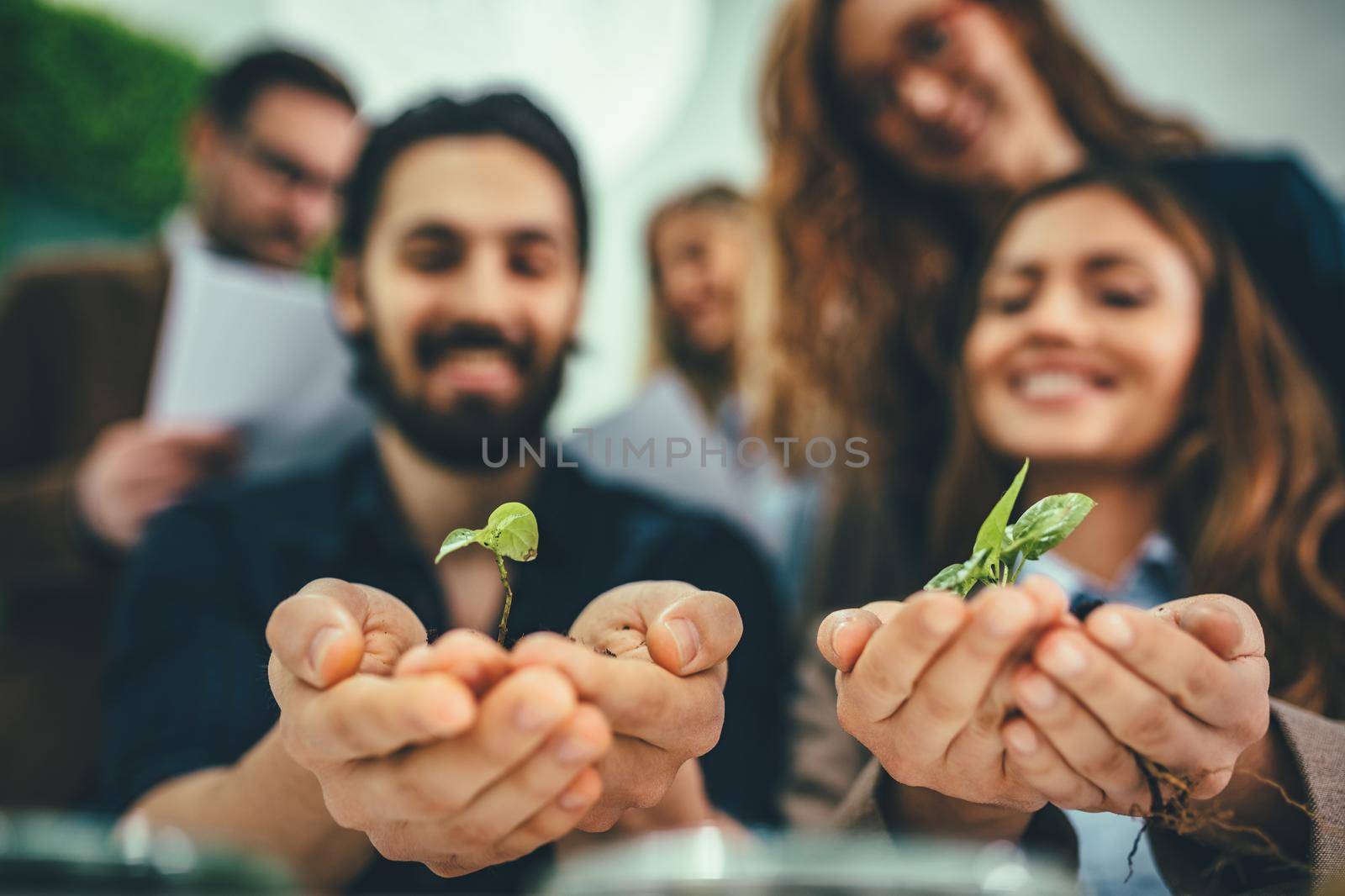 Businessman's hands are holding a fresh young plant sprout in soil. Symbol of growing and green business.