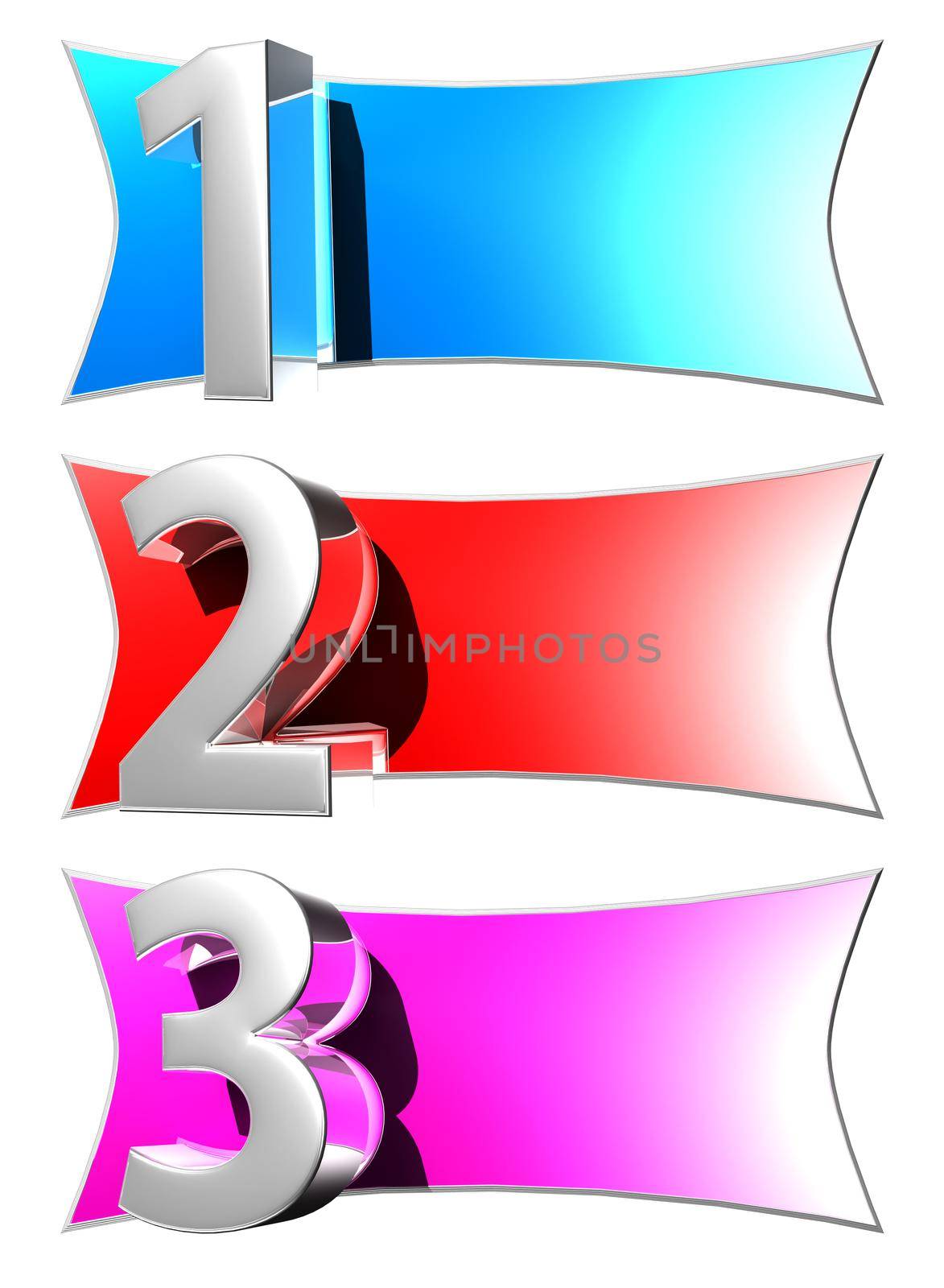 Number label 1 2 3 3D illustration on white background with clipping path.