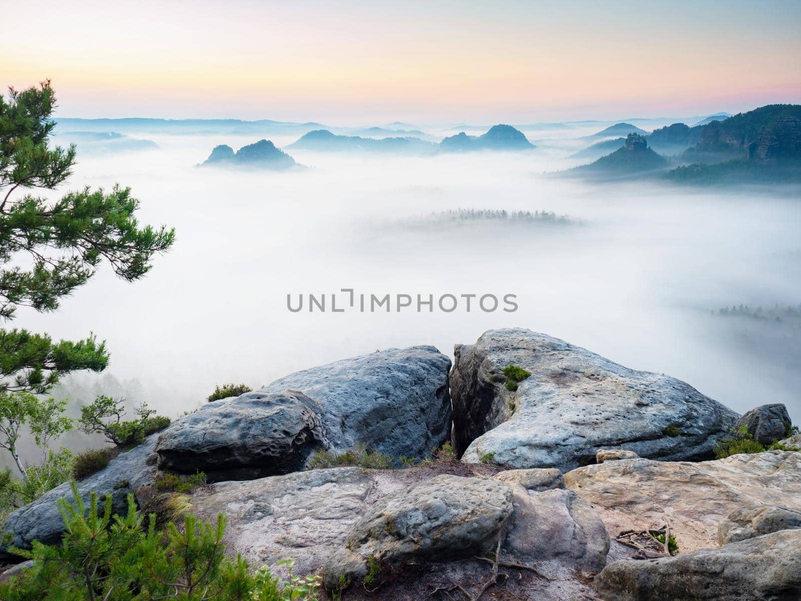 Kleiner Winterberg, beautiful morning view over sandstone cliff into deep misty valley in Saxony Switzerland, landscape Germany. Fog and beautiful backlight.  by rdonar2