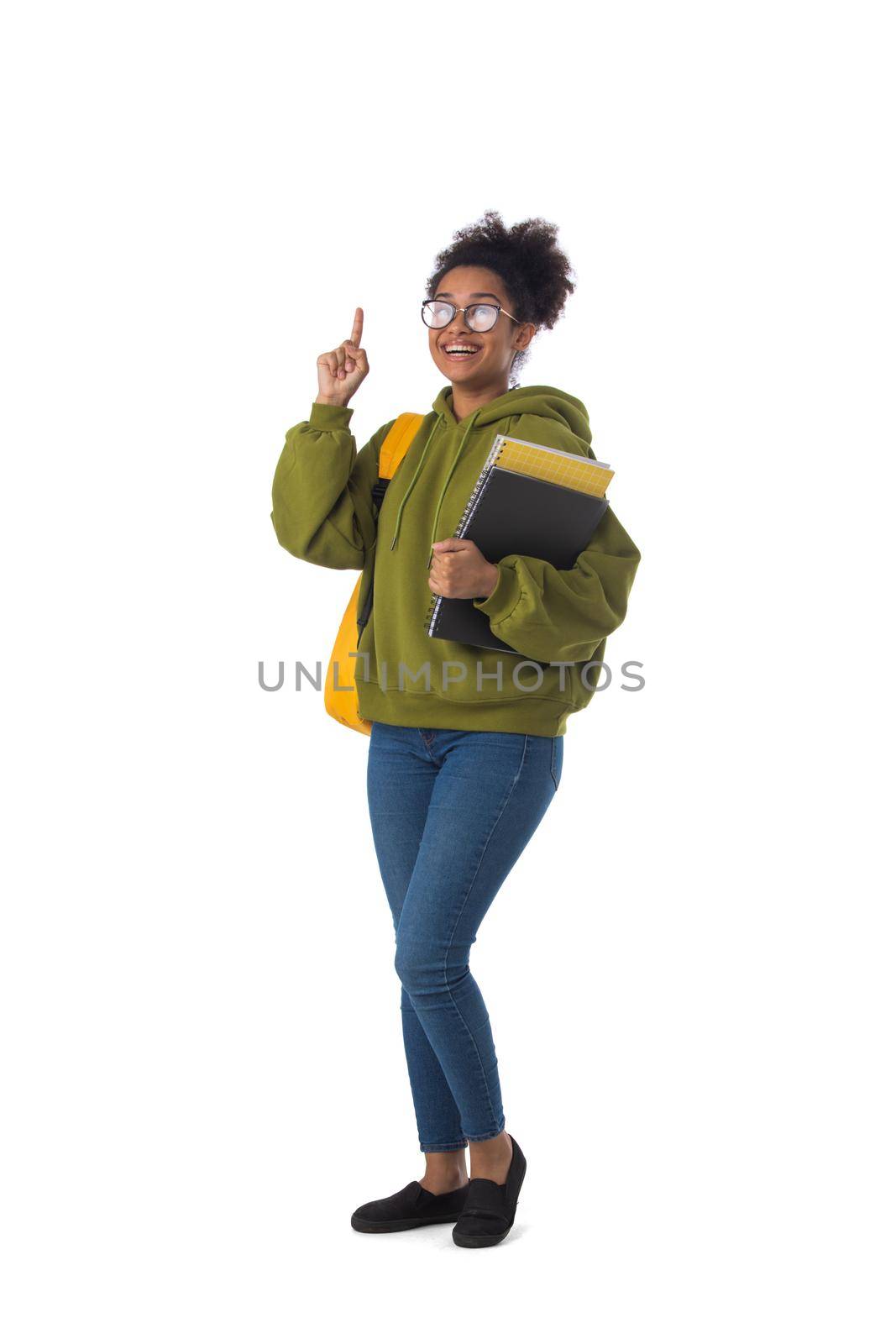 Full length portrait of pretty smiling african american girl university student with finger up isolated on white background