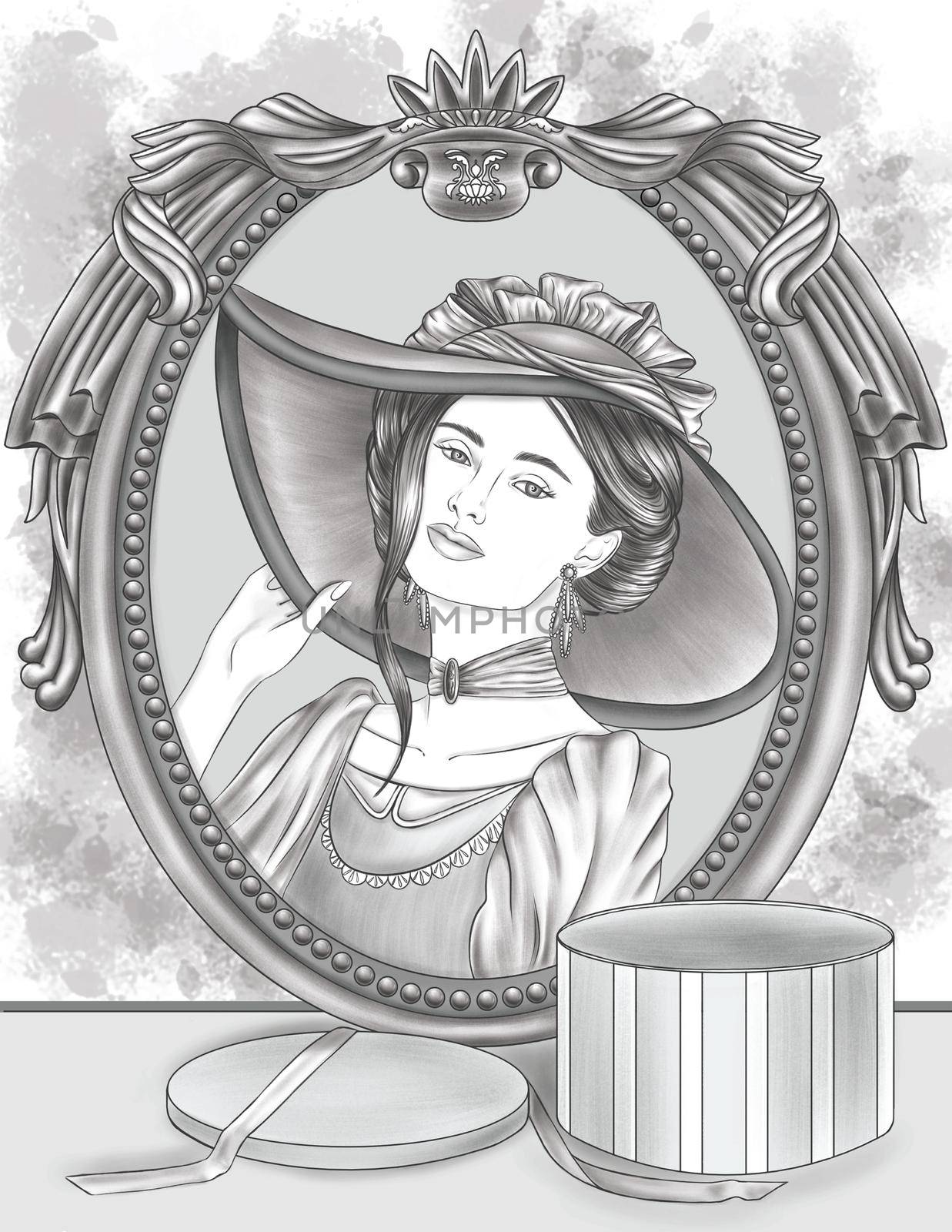 Lady In Dress Wearing Beautiful Hat Looking At The Mirror Admiring Face Colorless Line Drawing. Woman In Beautiful Gown Wears Headpiece Facing Reflection Coloring Book Page. by nialowwa