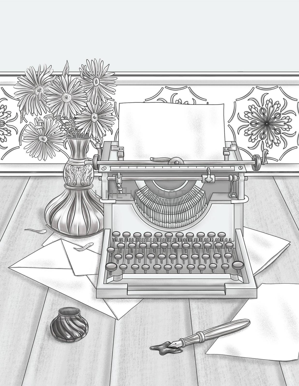 Vintage Typing Machine Placed On Table Top With Vase Paper Envelop Ink Bottle Colorless Line Drawing. Old Typewriter On A Desk With Notes Fountain Pen Coloring Book Page. by nialowwa