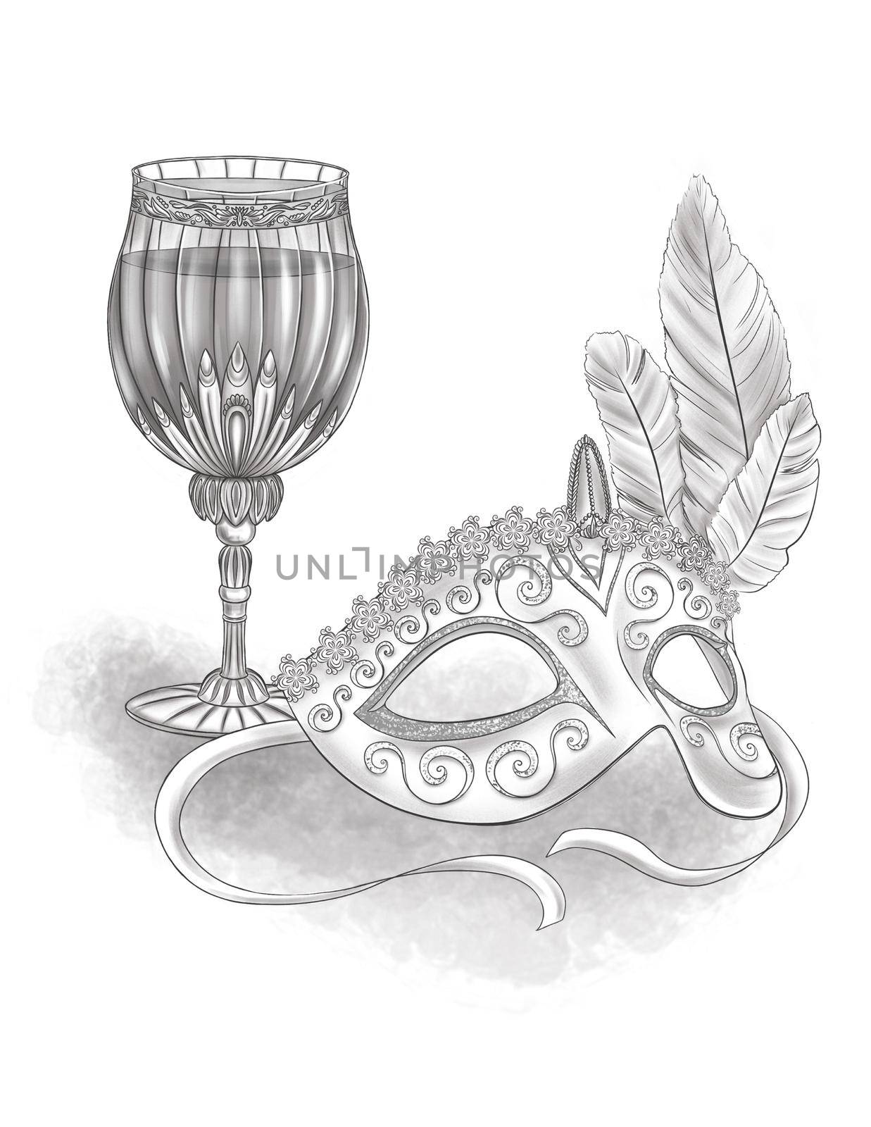 Masquerade Mask With Feathers Beside A Glass Full Of Wine Colorless Line Drawing. Carnival Party Eye Veil Cup Of Liquor Coloring Book Page. by nialowwa