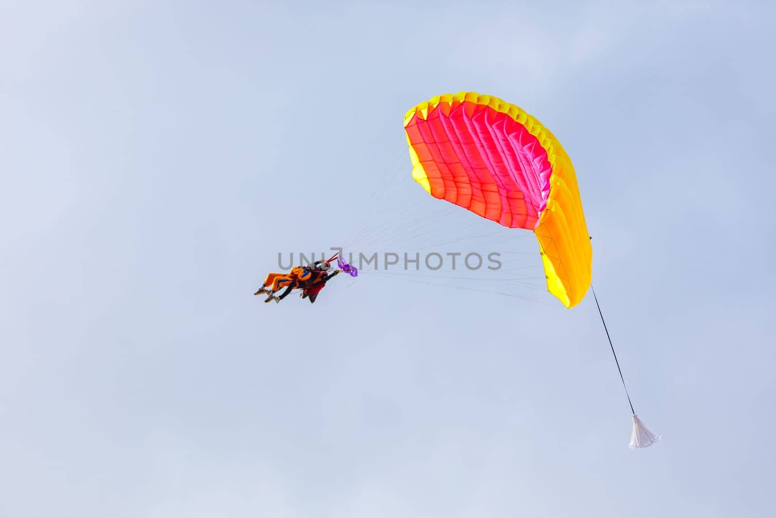 Jump in tandem skydivers-athletes with a parachute. Kirzhach Russia July 22, 2023
