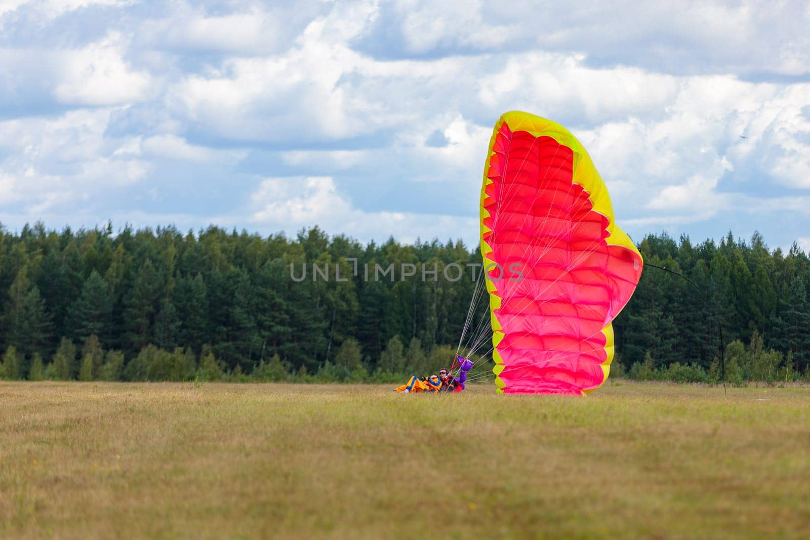 Landing skydivers-athletes with a parachute on the ground. Kirzhach Russia July 22, 2023