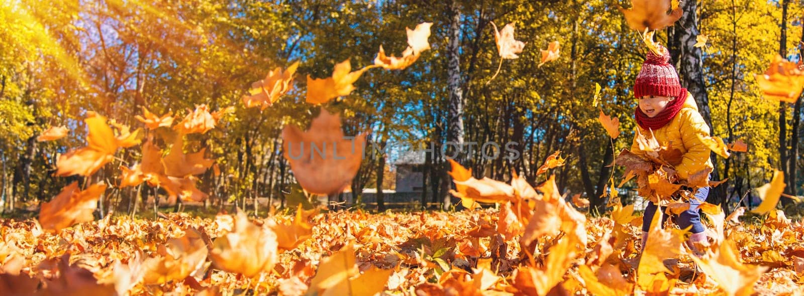 Autumn child in the park with yellow leaves. Selective focus. by yanadjana