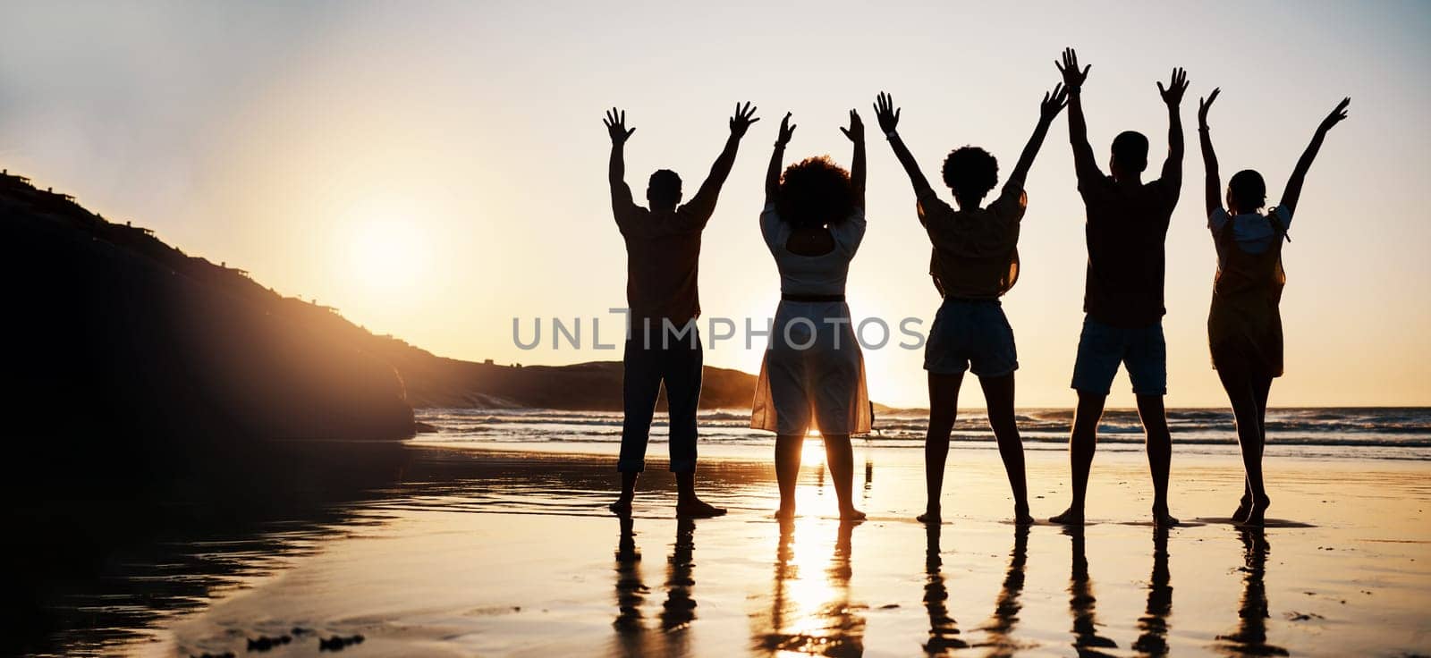 Beach, celebration and back of friends at sunset with arms up for freedom, fun and travel success. Ocean, silhouette and rear view of people celebrating journey, adventure and summer vacation in Bali.