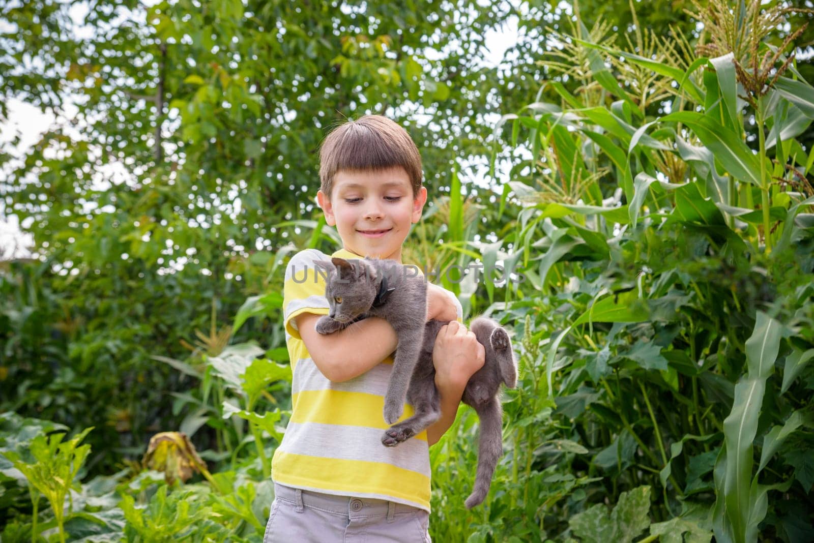 Funny boy hugging a cat with lots of love. Portrait of child holding on hands a Kitten. Playing with a cat on village countryside.
