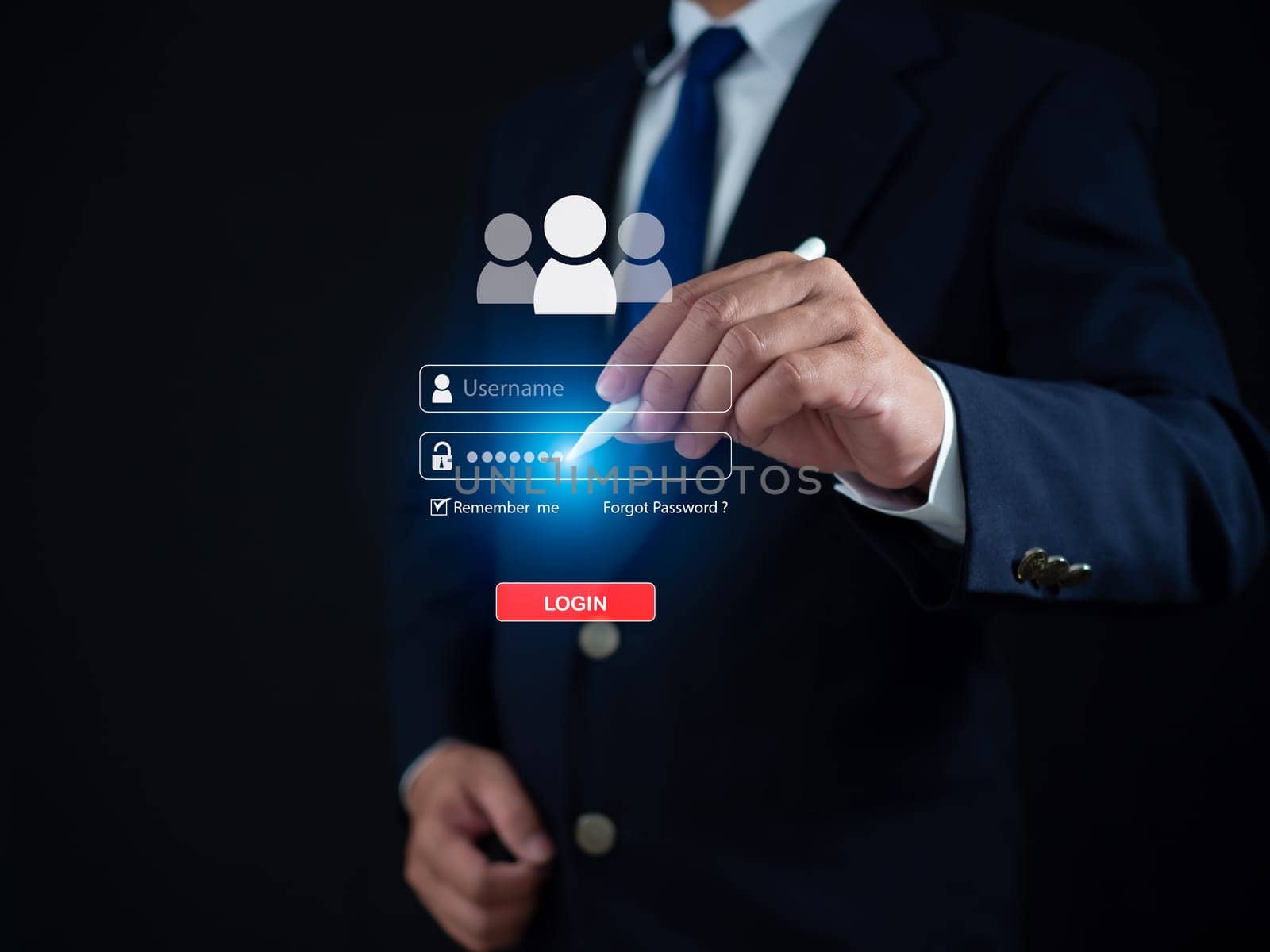 Businessman using pen to enter password at login screen. Represents protection from outside hacking. The concept of code protection. Viruses, firmware and malware. by Unimages2527