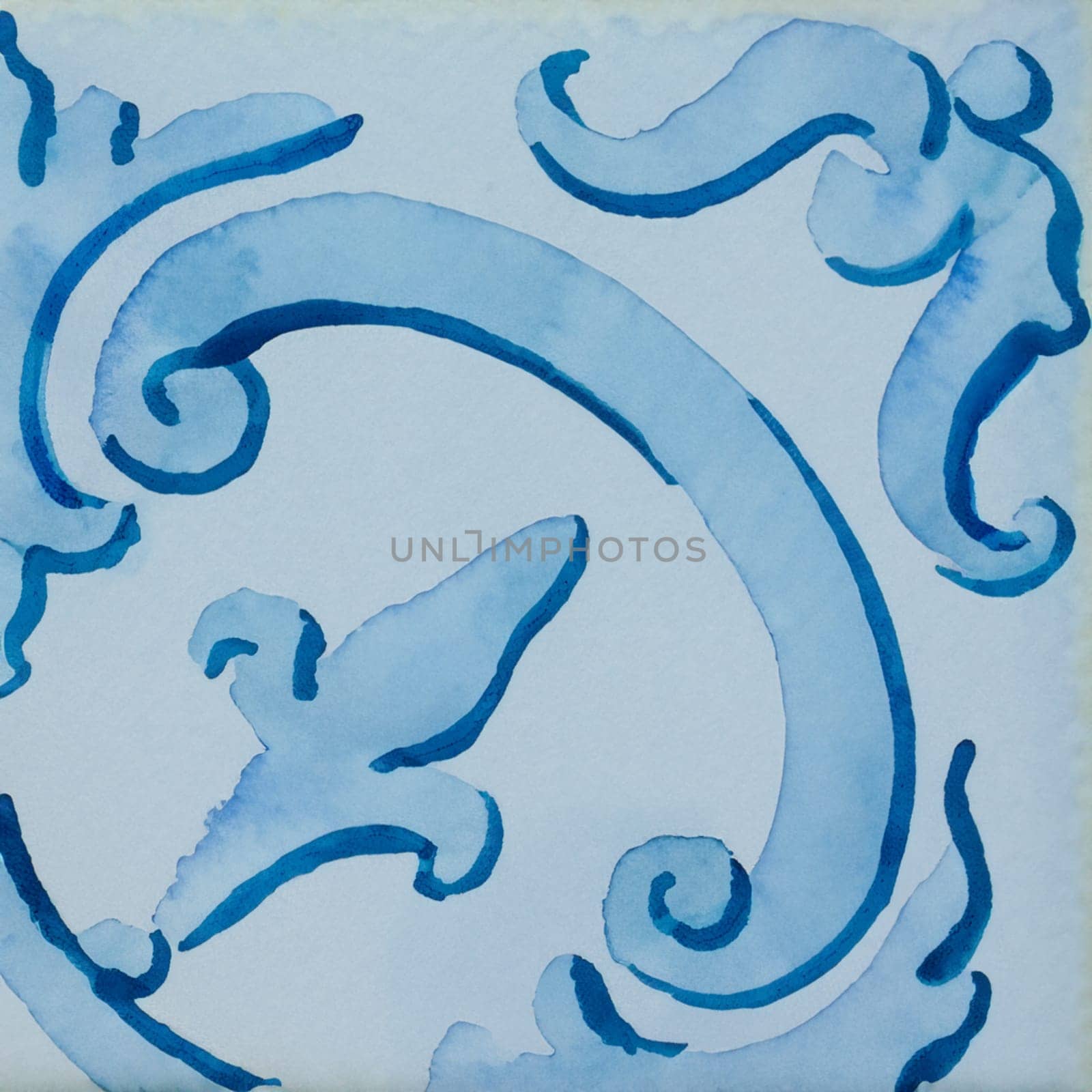 Watercolor illustration of portuguese ceramic tiles pattern. Single square tile.