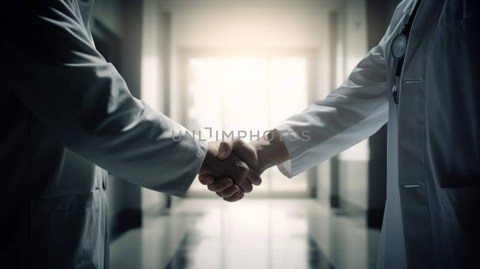 Handshake of two doctors in white coats, in the corridor of the hospital.Close up