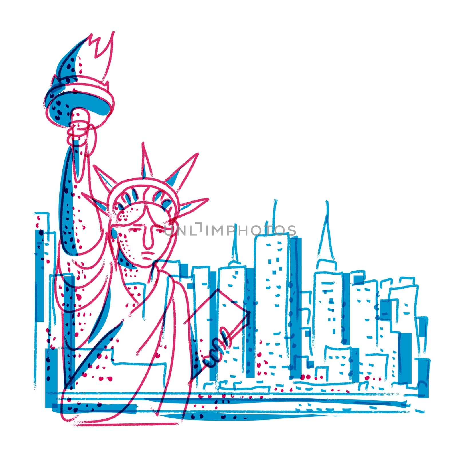 Risograph technique illustration of the Statue of Liberty with New York City skyline in the background done in retro riso effect digital screen printing style.
