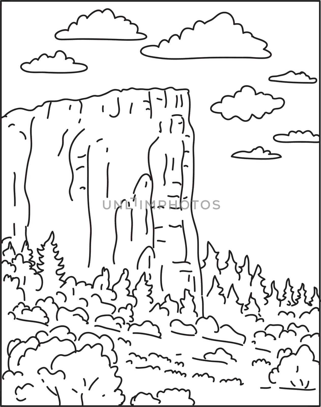 Mono line illustration of El Morro National Monument in Cibola County, New Mexico, United States done in monoline line art style.