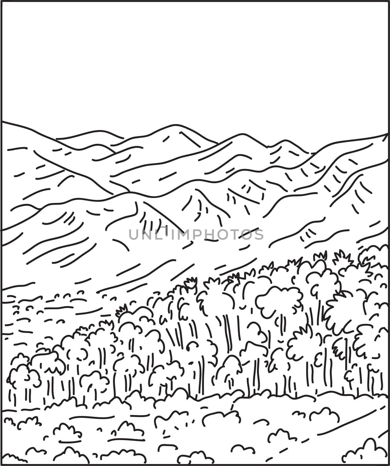 Mono line illustration of Sand to Snow National Monument located in San Bernardino County and northern Riverside County, Southern California done in monoline line art style.
