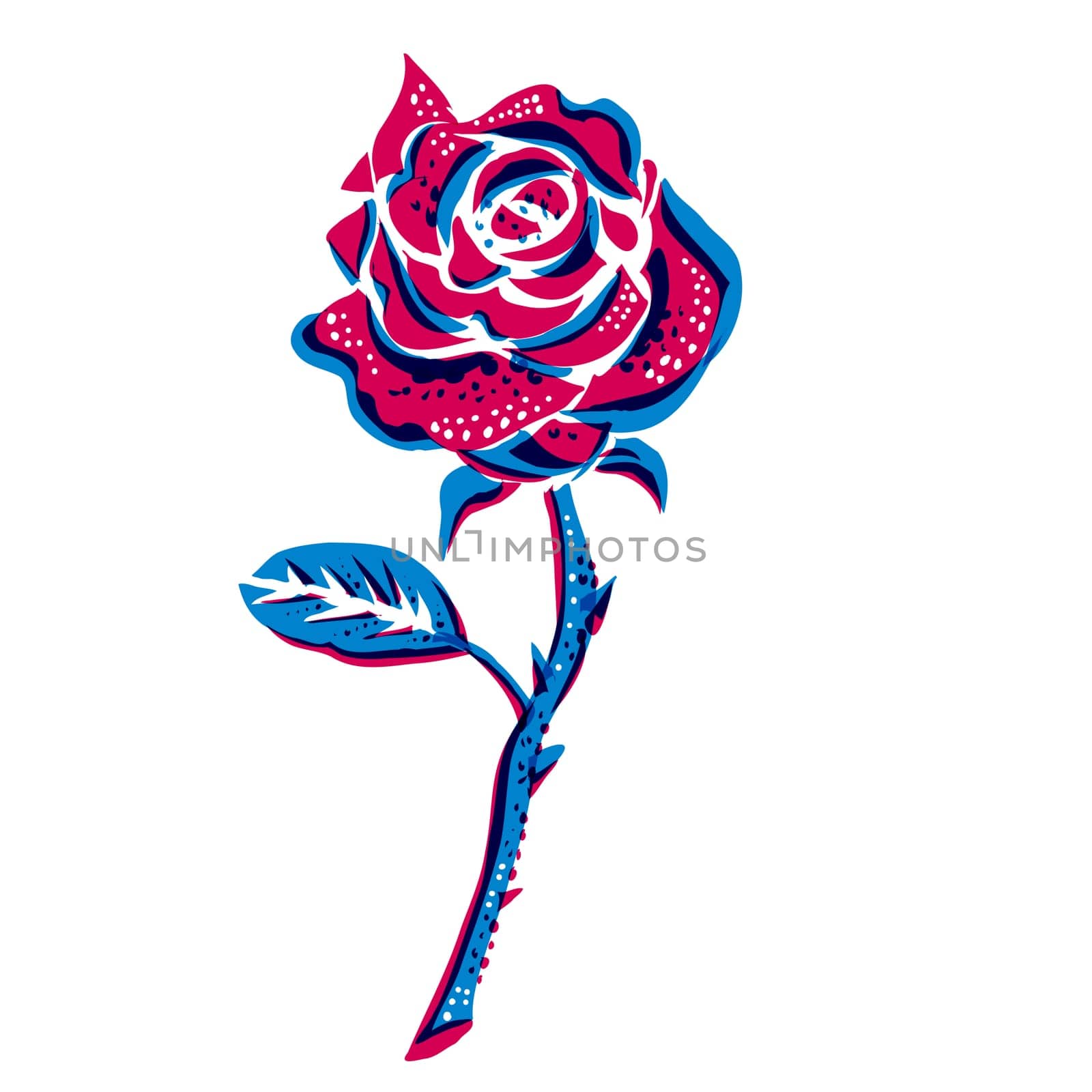 Risograph technique illustration of a red rose with stem done in retro riso effect digital screen printing style.
