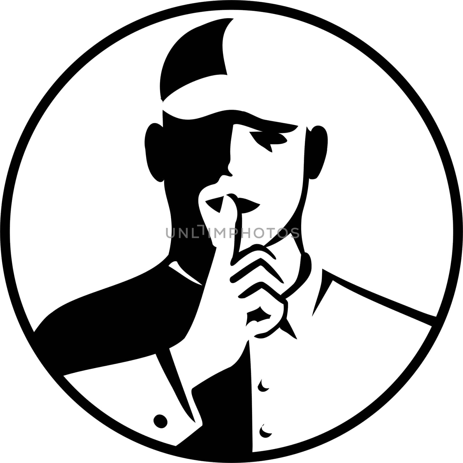 Retro style illustration of a noise control officer with finger on mouth a universal gesture meaning hush, quiet or silence on isolated background done in black and white.
