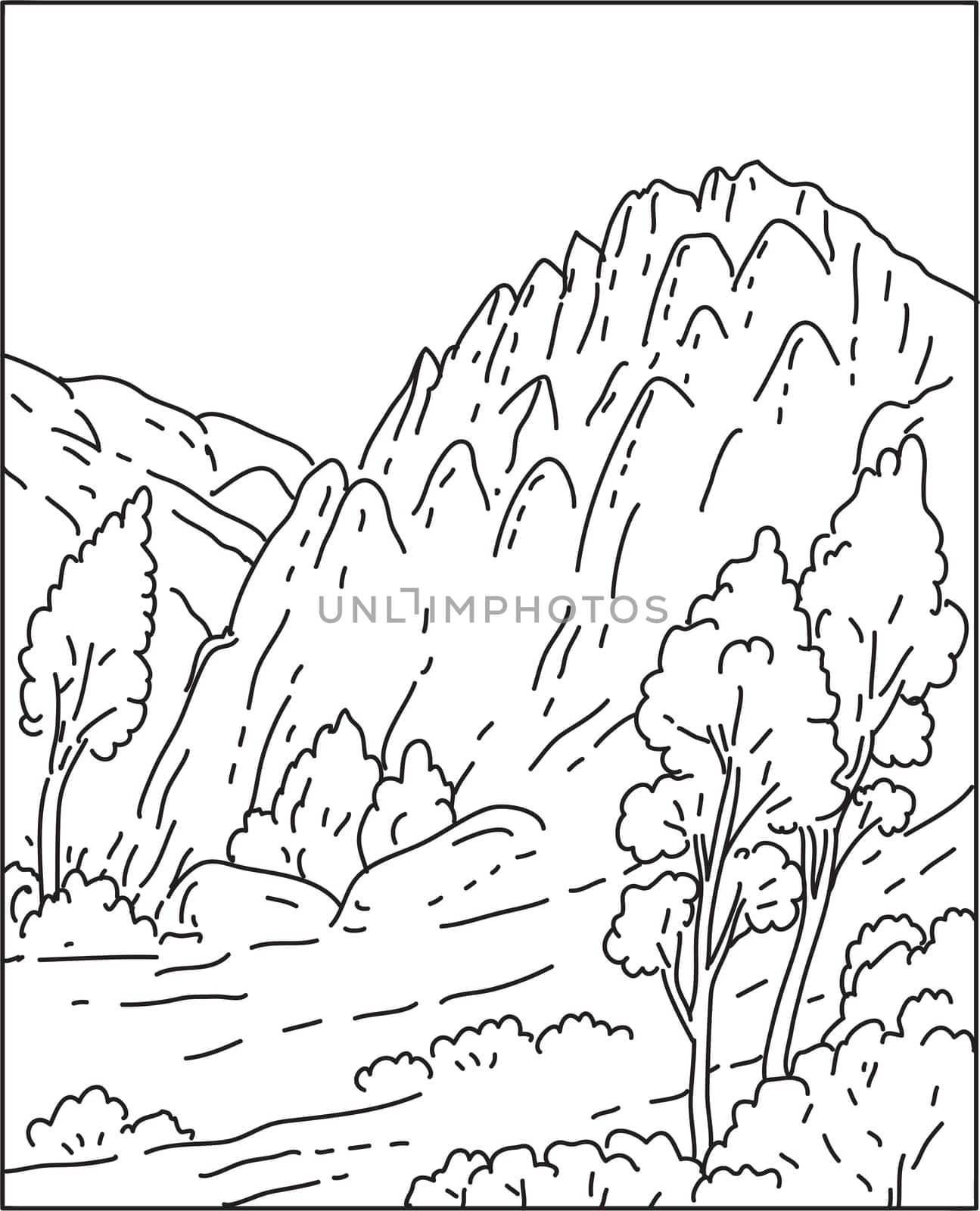 Mono line illustration of Pinnacles National Park located east of the Salinas Valley in Central California, USA done in monoline line art style.
