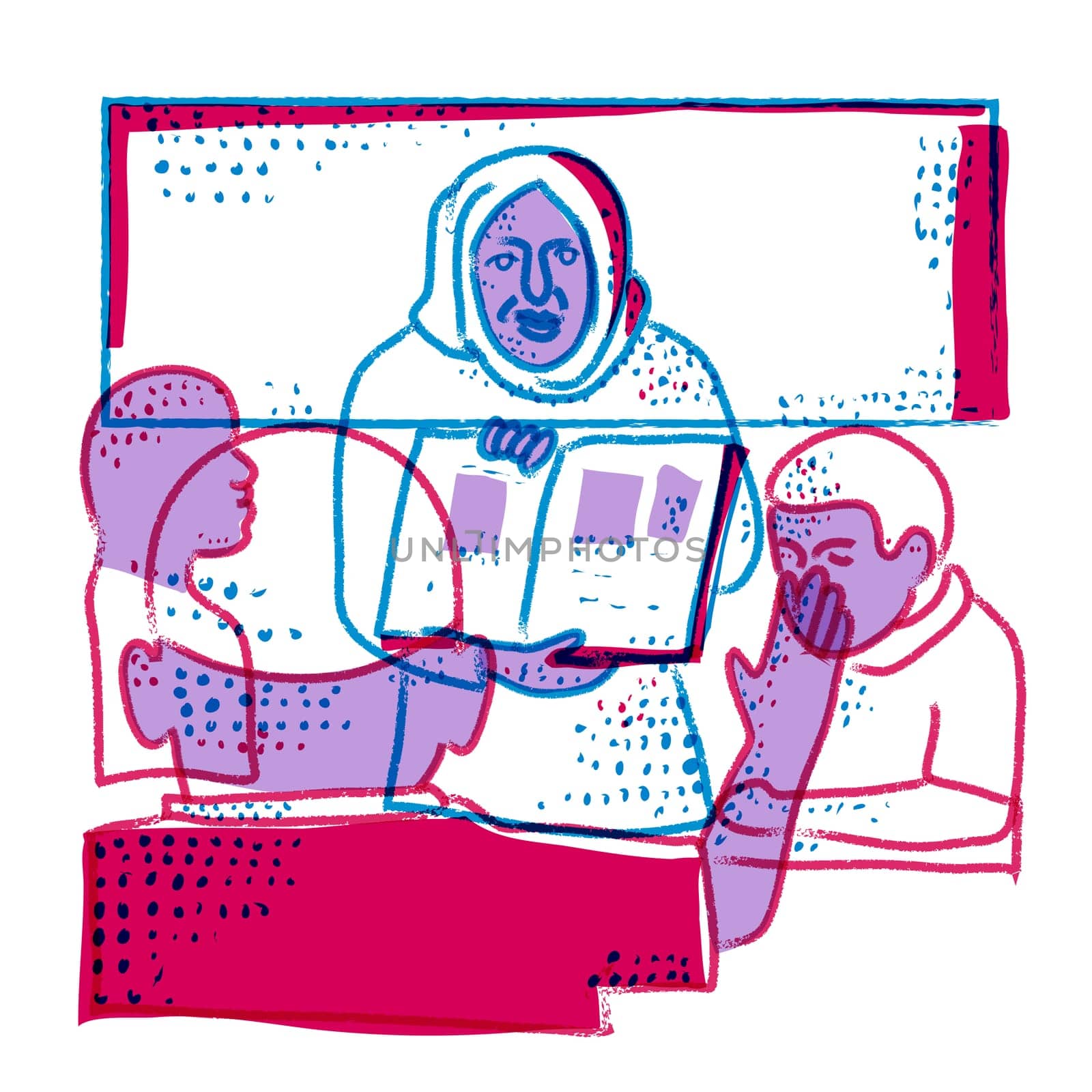 Risograph technique illustration of an Arabic teacher holding a flashcard teaching a young student or pupil in an Islamic Muslim class done in retro riso effect digital screen printing style.
