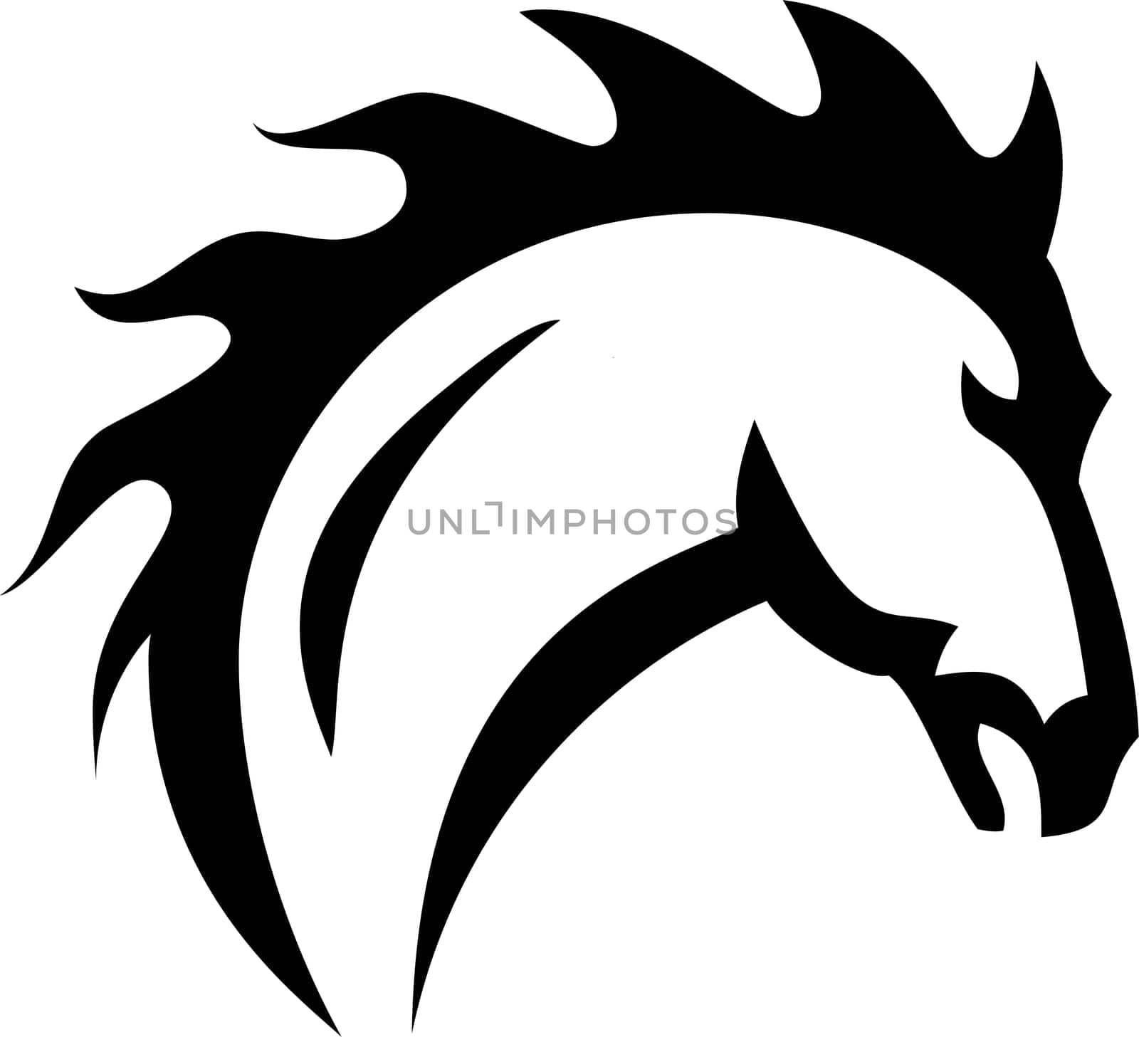 Tribal tattoo style illustration of a head of a horse or stallion with fiery mane on fire viewed from side on isolated white background done in black and white.