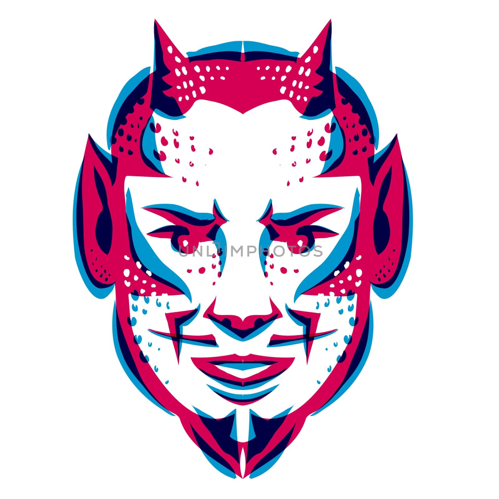 Risograph technique illustration of a head of a demon or devil viewed from front in retro riso effect digital screen printing style.

