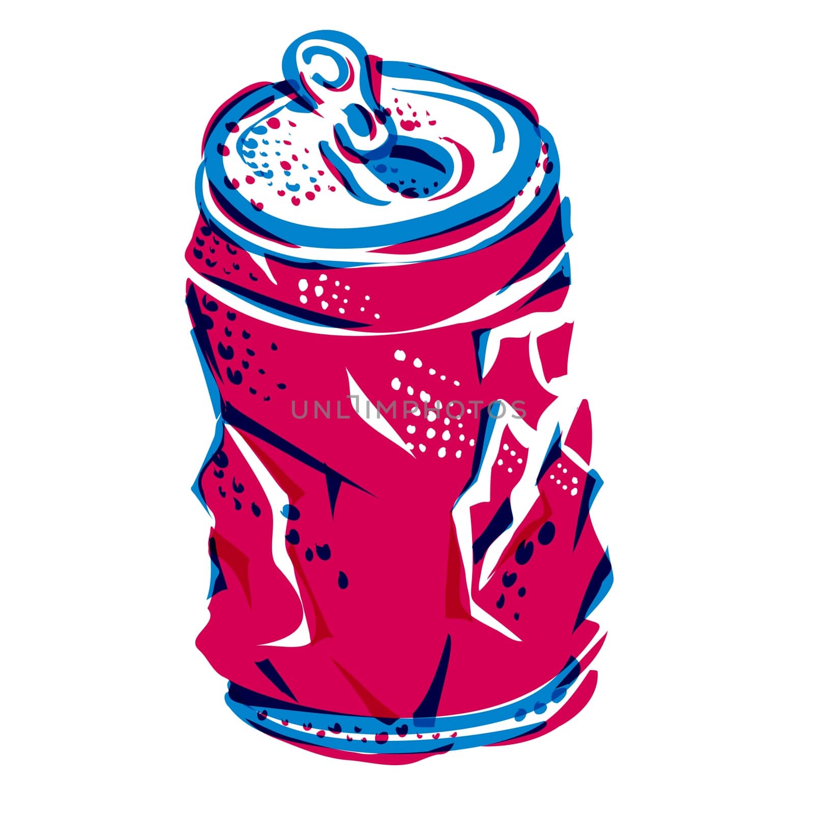 Risograph technique illustration of a crumpled can of soda cola drink done in retro riso effect digital screen printing style.
