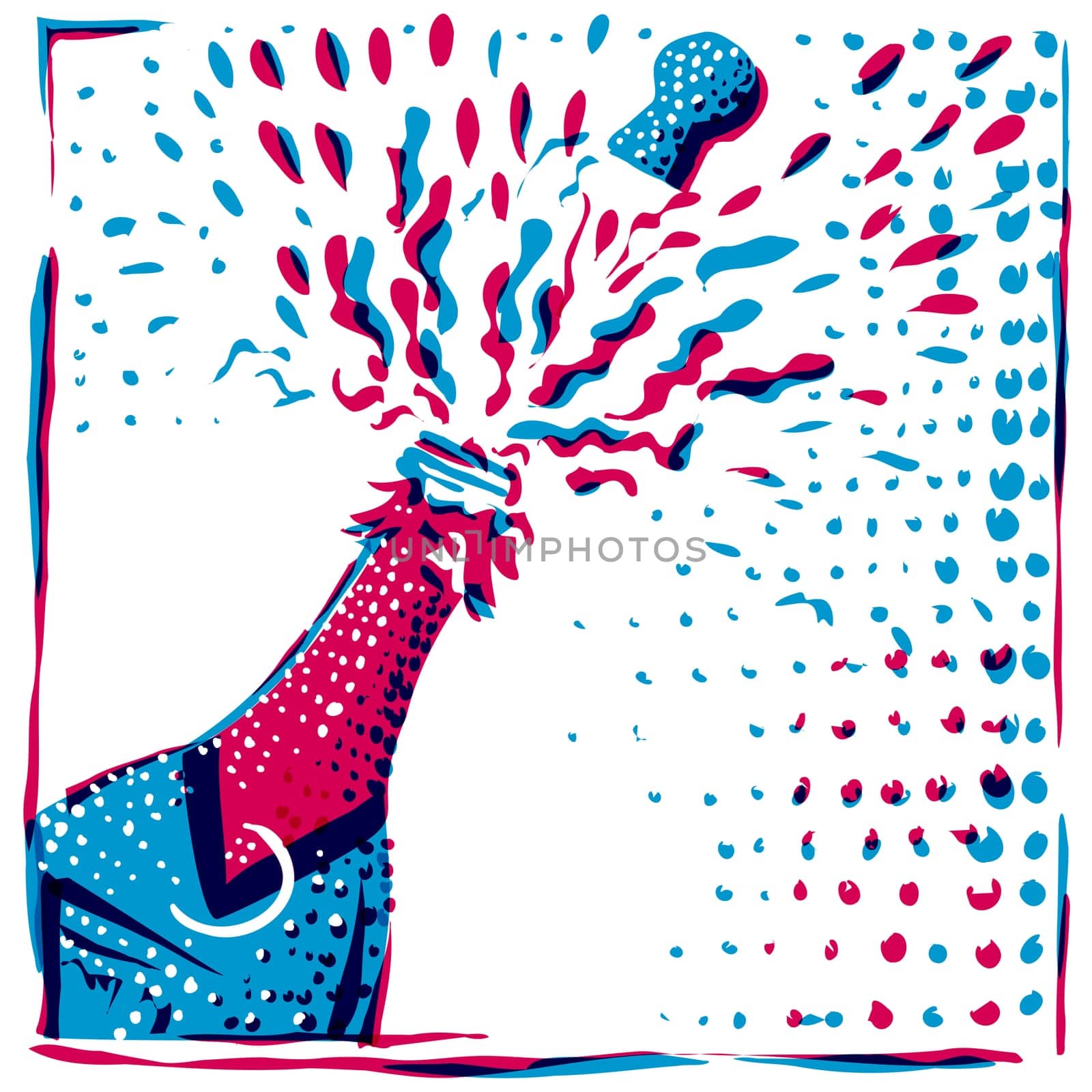 Risograph technique illustration of a bottle of champagne wine popping celebration in retro riso effect digital screen printing style.
