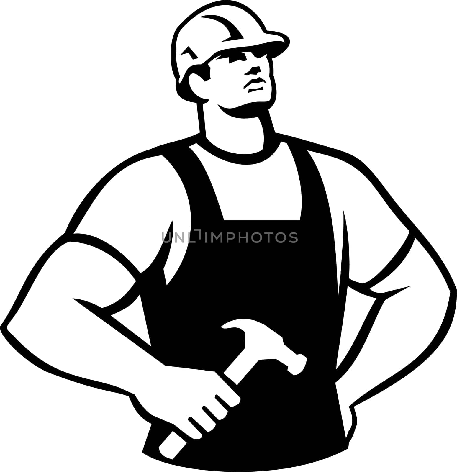 Retro style illustration of a carpenter handyman holding a claw hammer looking up viewed from front on isolated background done in black and white.