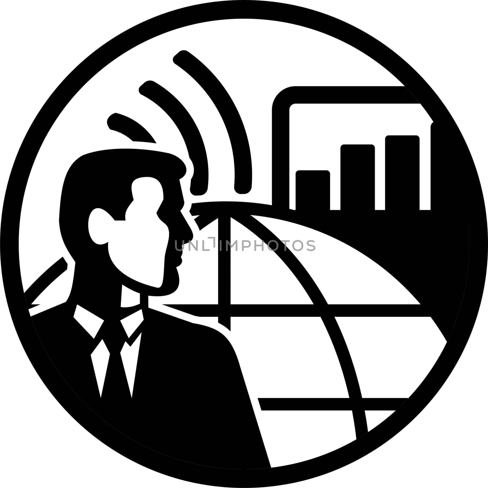 Retro style illustration of a businessman industrial engineer with internet connectivity, globe, sales graph, industrial buildings set inside circle on isolated background done in black and white. 
