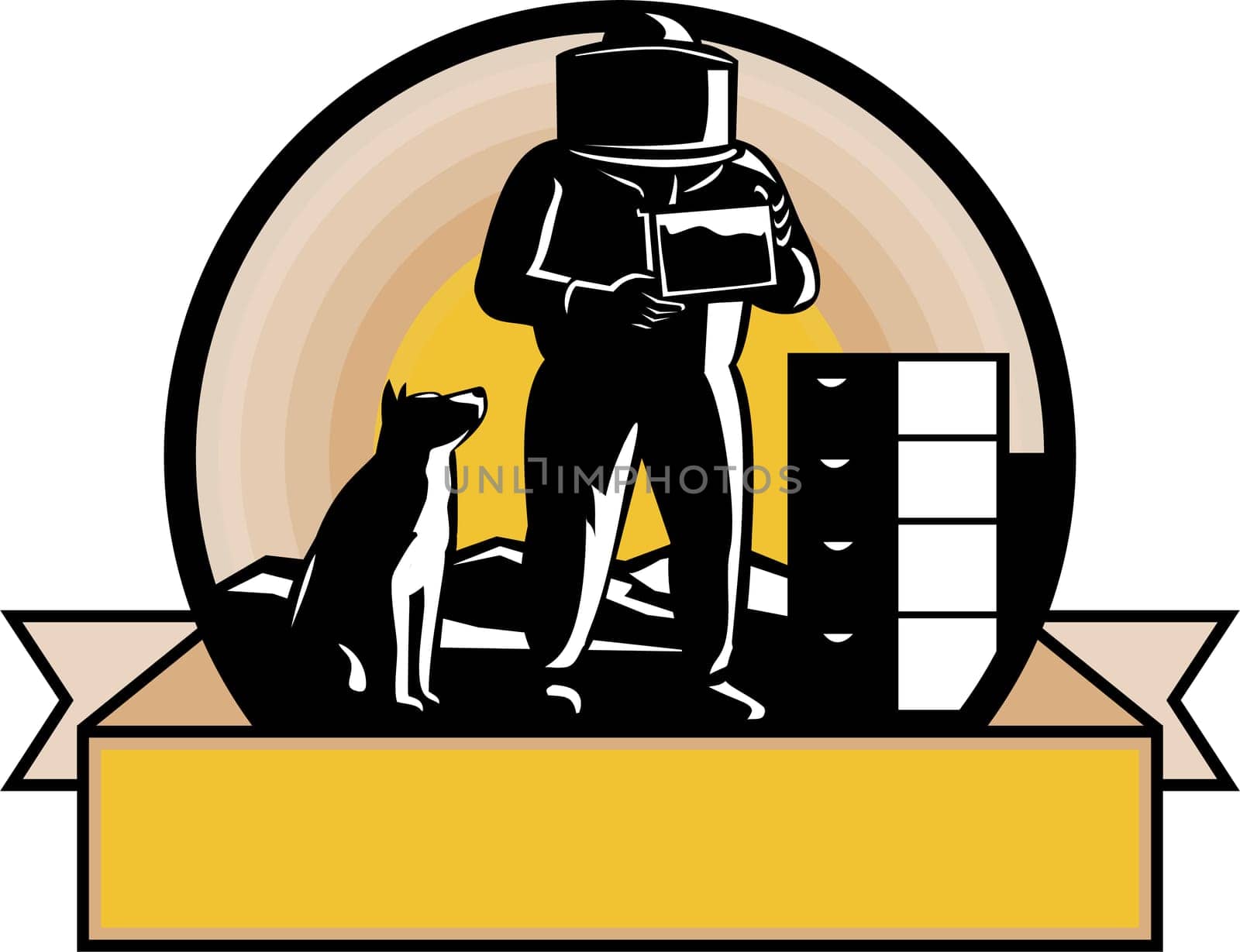 Retro style illustration of beekeeper wearing bee suit with border collie dog sitting and beehive with mountains inside circle with banner scroll in color.