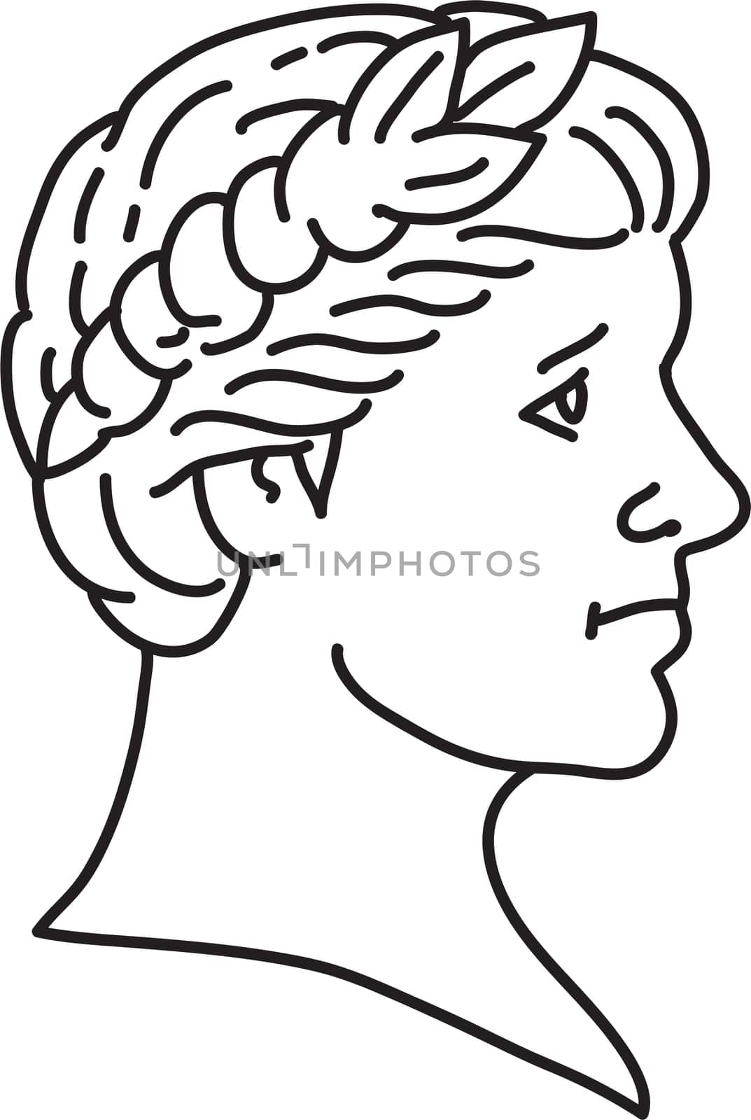 Mono line illustration of bust of an ancient Roman emperor, senator or Caesar, ruler of the Roman Empire during the imperial period wearing crown of laurel leaves side view done in monoline line art style.