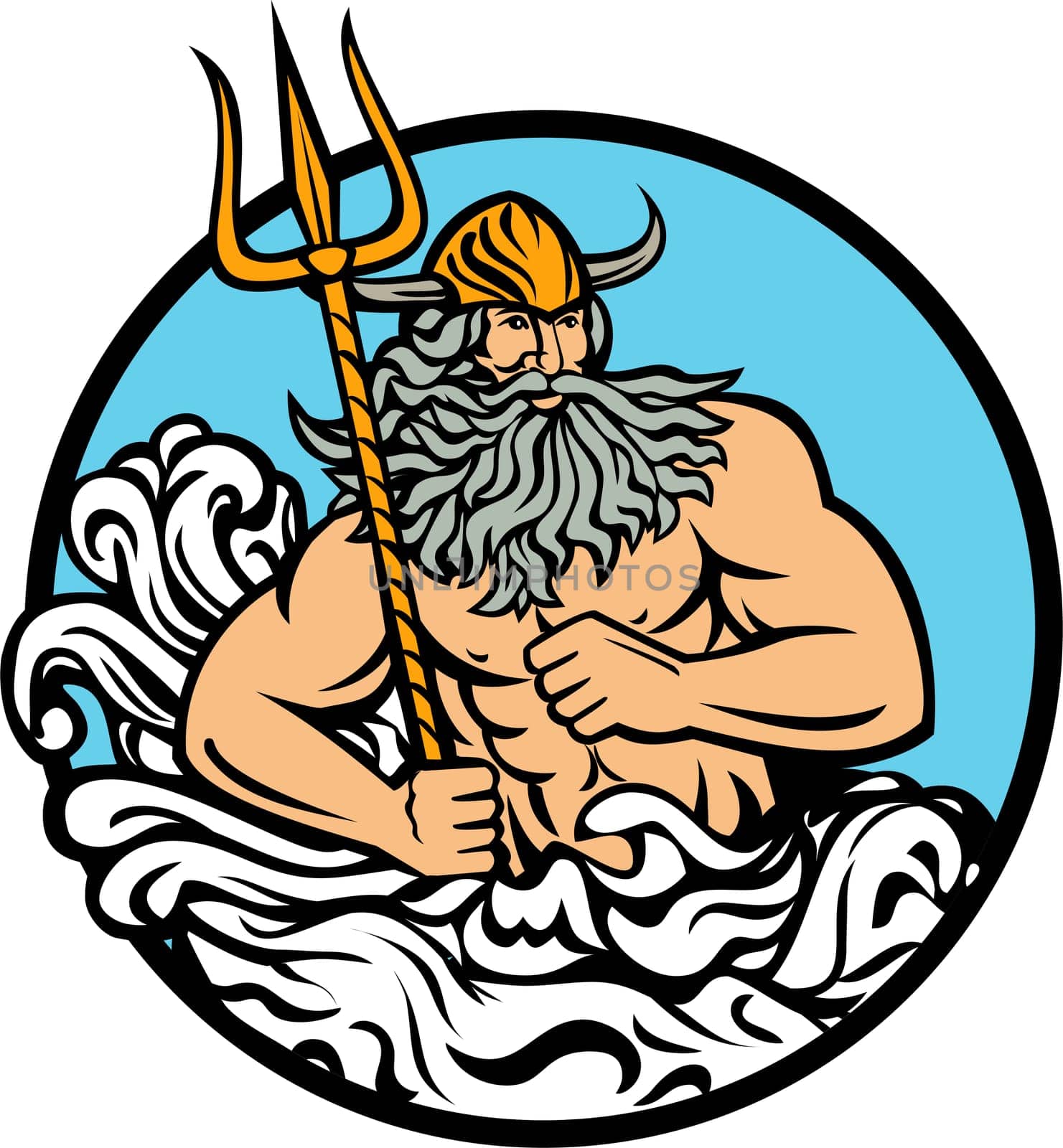 Mascot illustration of Aegir, Hler or Gymir God of the sea in Norse mythology with trident and waves splashing viewed from front set inside circle on isolated background in retro style.