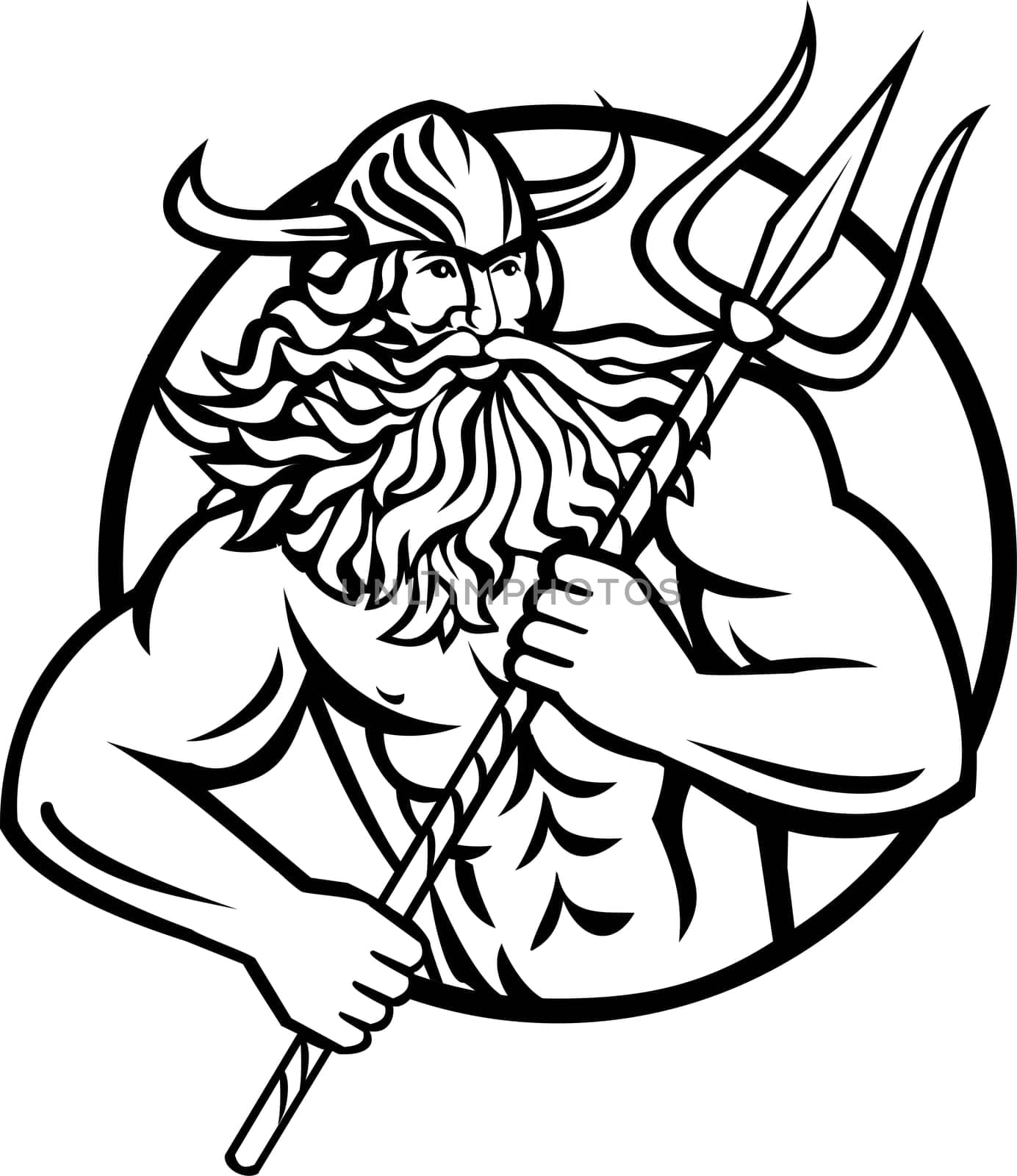 Mascot illustration of Aegir, Hler or Gymir God of the sea in Norse mythology with trident viewed from front set inside circle on isolated background in retro style.
