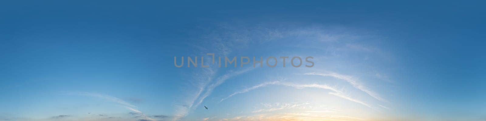 Sunset sky panorama with bright glowing pink Cirrus clouds. HDR 360 seamless spherical panorama. Full zenith or sky dome for 3D visualization, sky replacement for aerial drone panoramas. by Matiunina