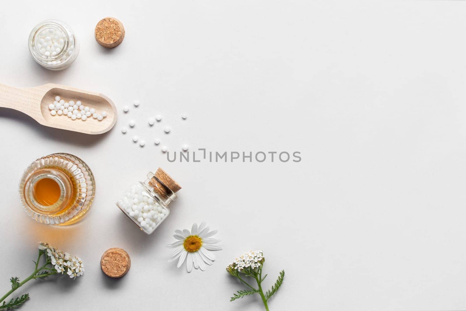Homeopathic medicines and medicinal plants on a light background, copy space, flatlay.