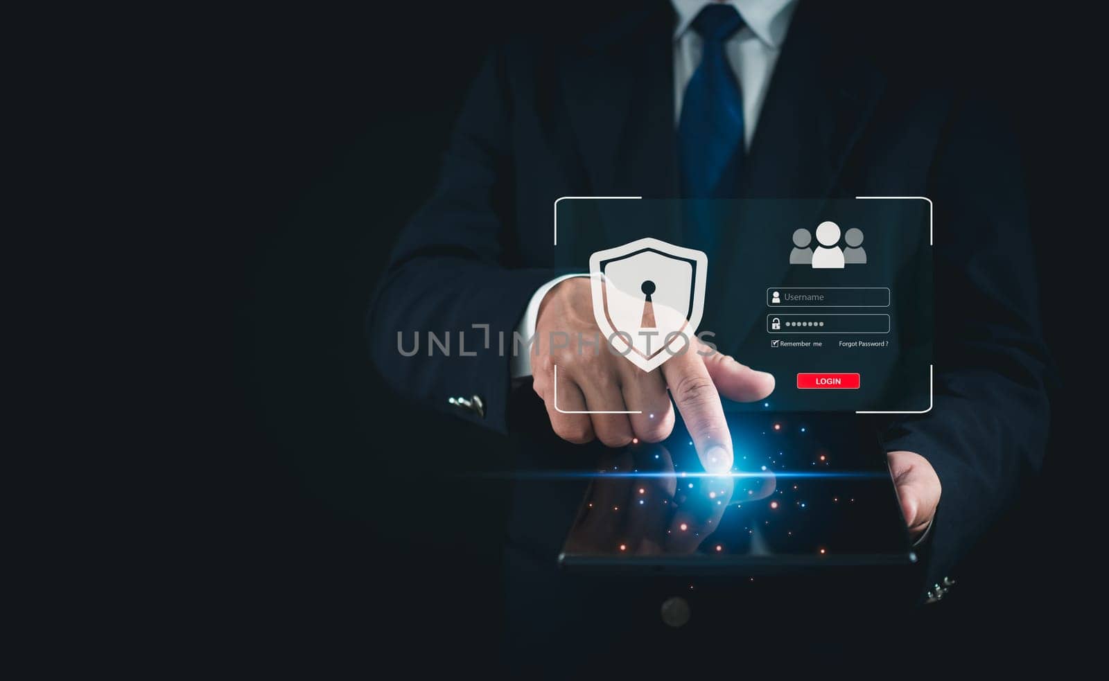 businessman's fingers are pressing on the tablet screen. Represents protection against external hacks, code protection security concepts, viruses, firmware and malware. by Unimages2527