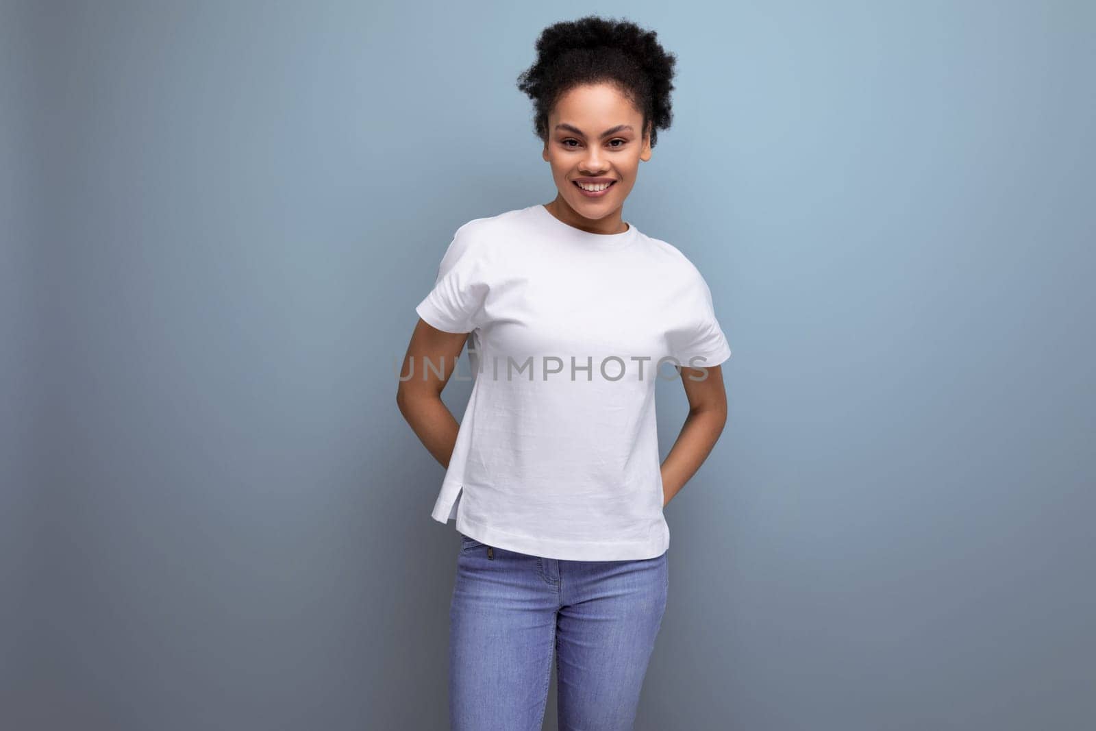 young hispanic brunette woman dressed in white t-shirt with printable template.