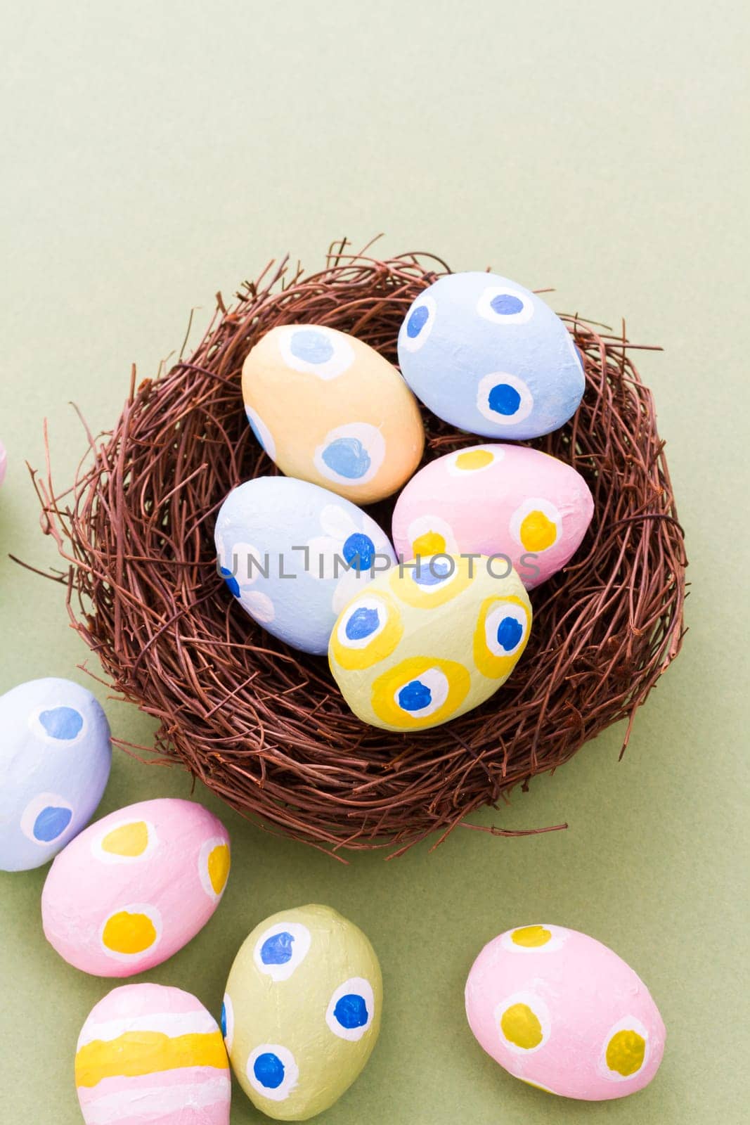 Hand painted Easter eggs with rought strokes of the brush.