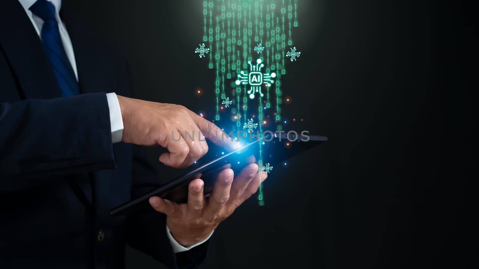 Businessman holding tablet working with AI system, symbol, machine learning, artificial intelligence of futuristic technology. AI network of brains in business analytics.