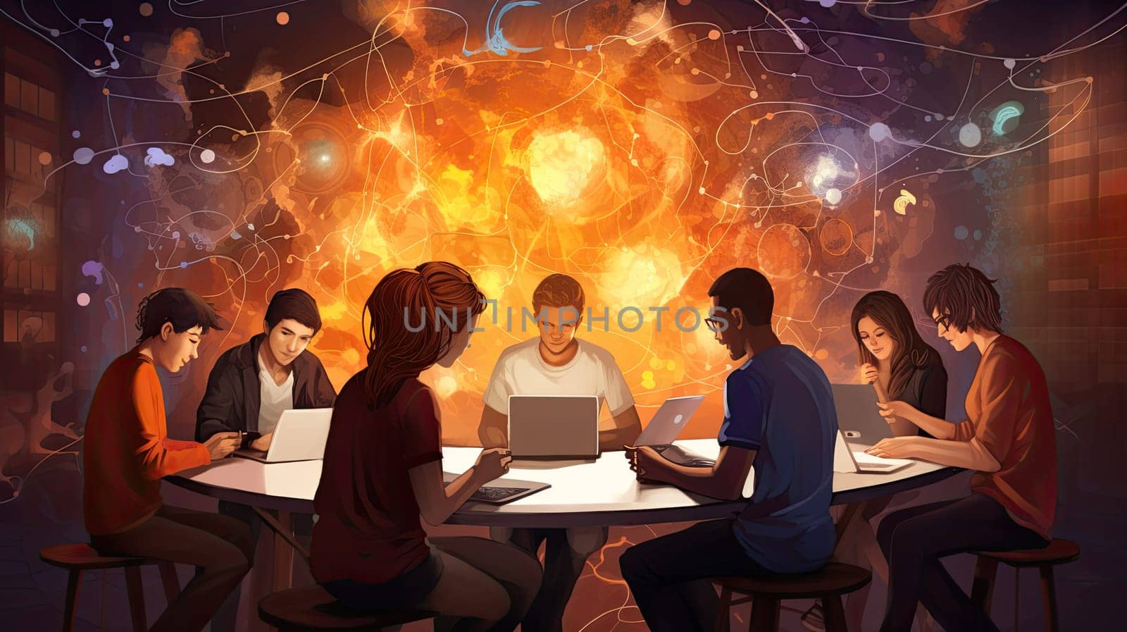 People Working round a table in Coworking Area or Office. Teamwork Communication Cartoon Flat Illustration.