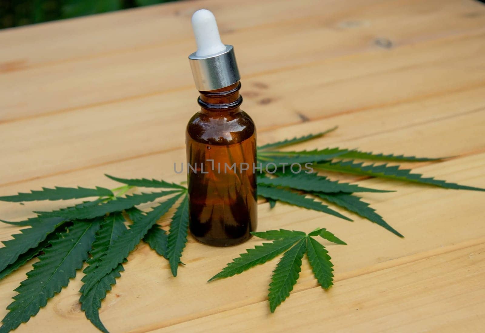 hemp essential oil on a wooden background, hemp leaves. Selective focus. Nature