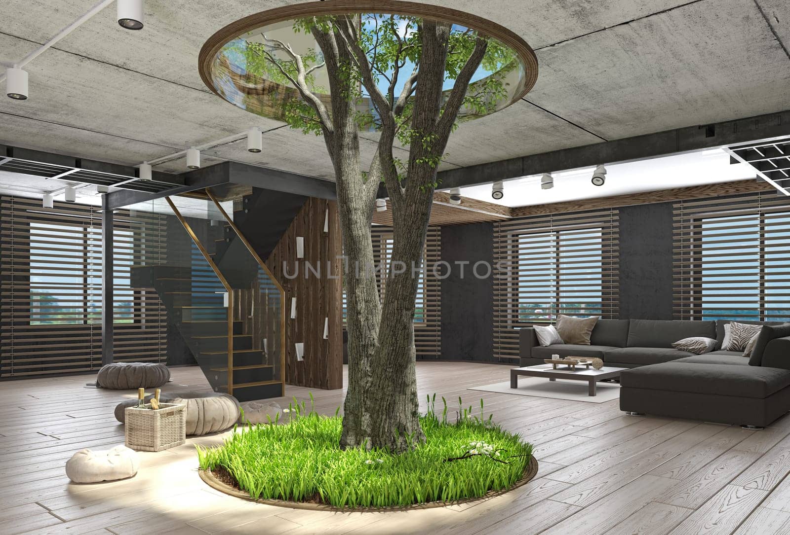 Modern loft interior with the tree inside. 3d rendering concept