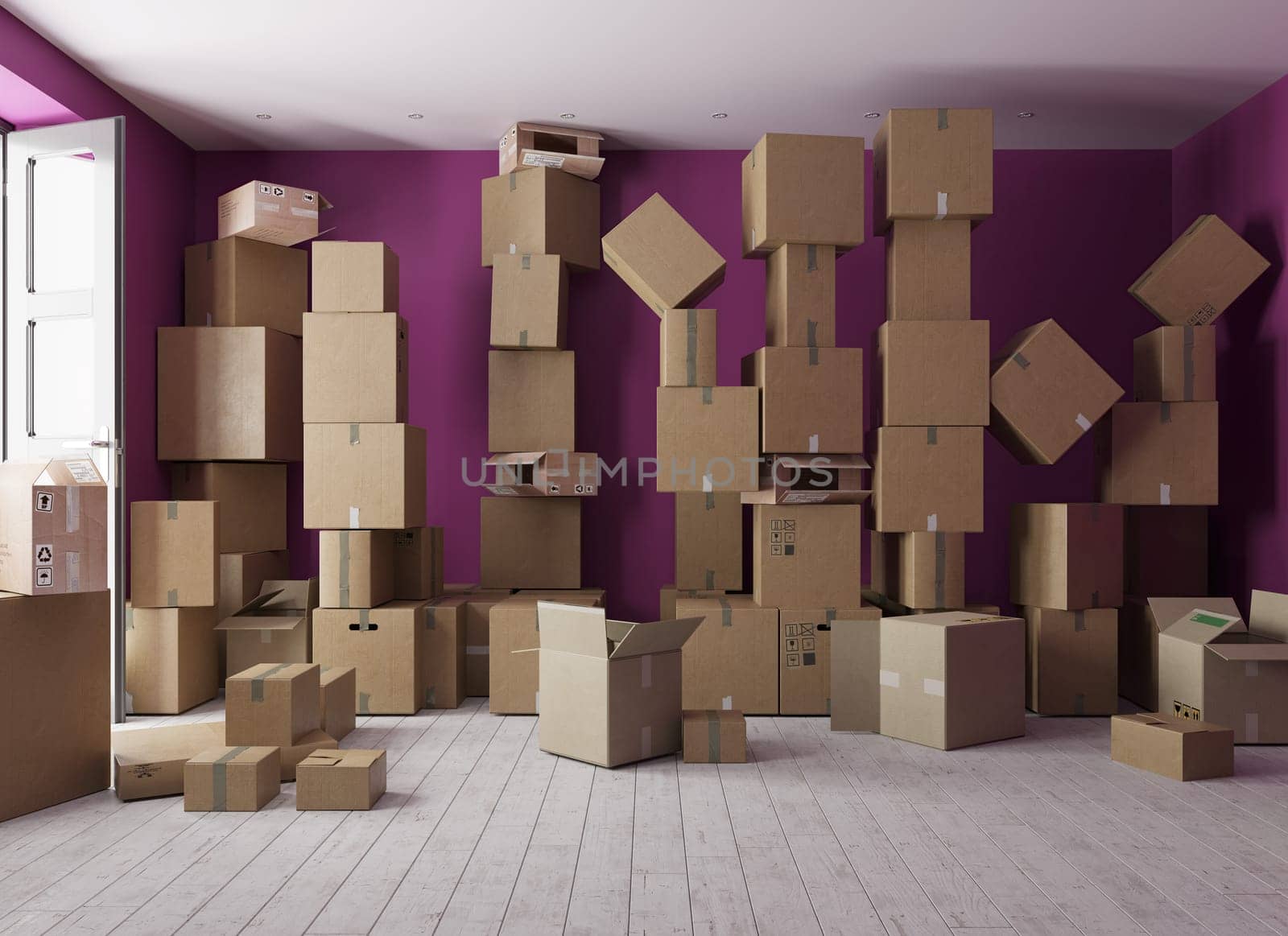 the room with a huge number of boxes. Parcel concept. The concept of moving to a new home. 3d concept